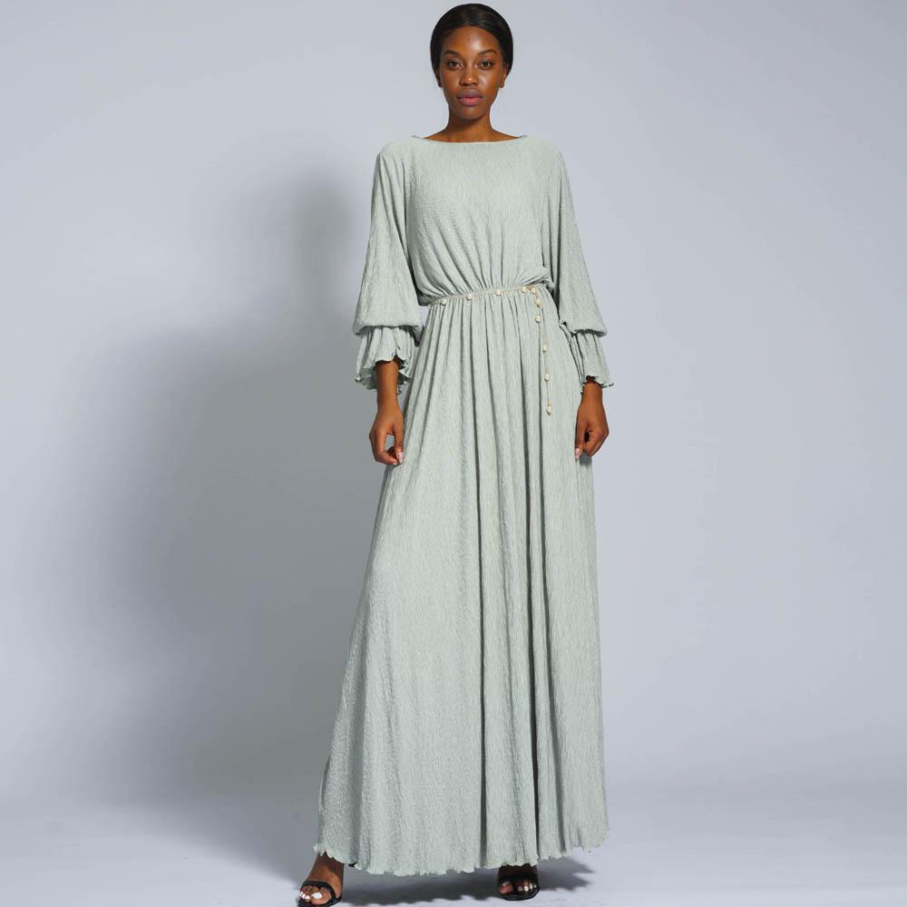 LUMAYA0434 Muslim Ladies Stretch Crumpled Sprinkle Gold Dress Solid Color Bell Sleeve Long Dress