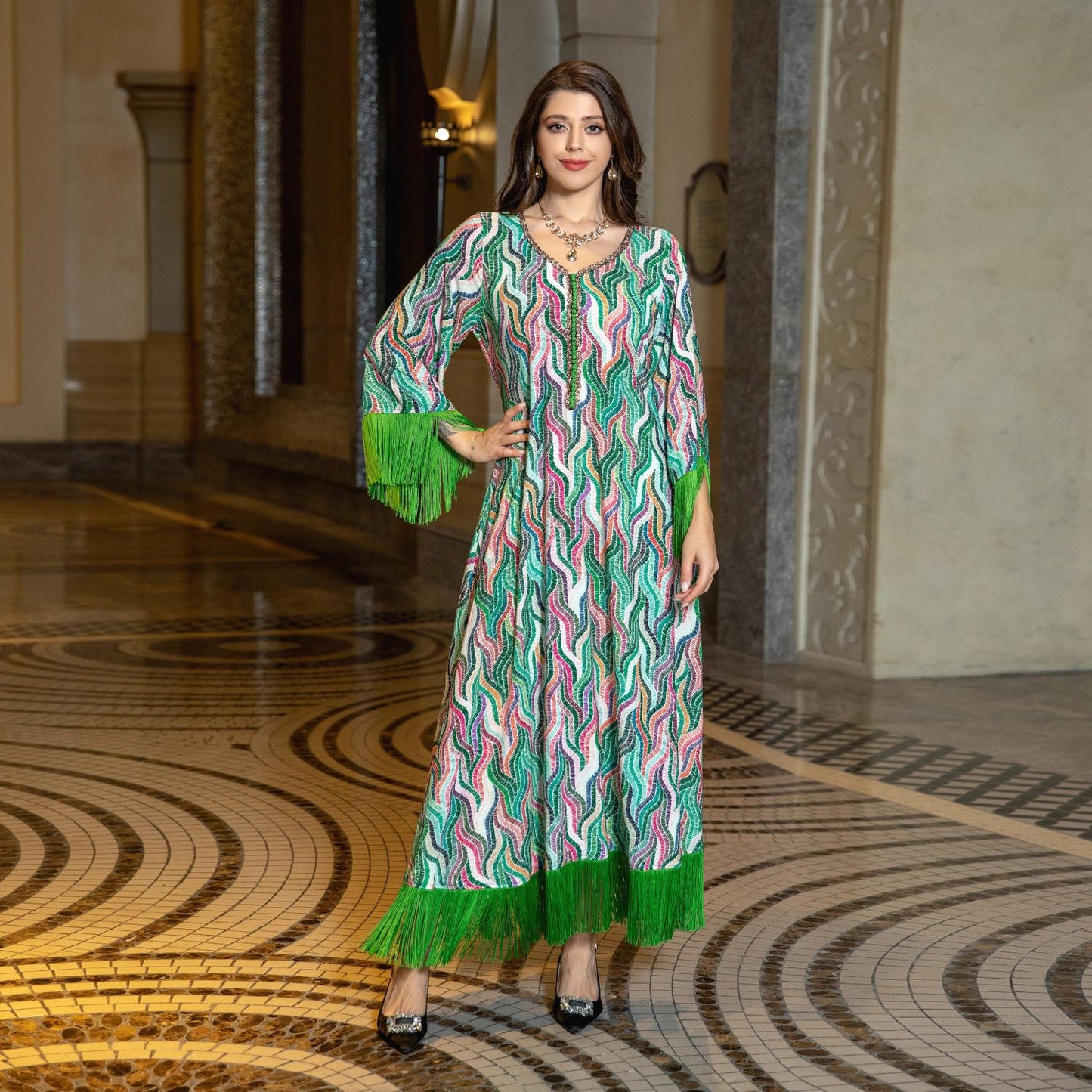 LUMAYA LUMAYA0521 Middle East Arab Dubai Muslim Robe Ladies Printed Casual Jalabiya Ethnic Clothing