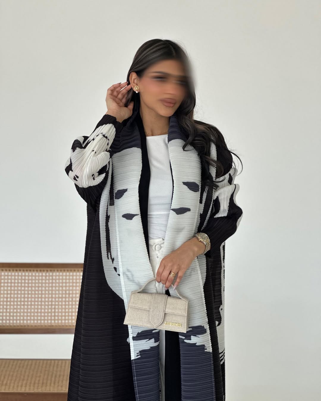 LUMAYA6726  White Abstract Belted Abaya with Artistic Prints