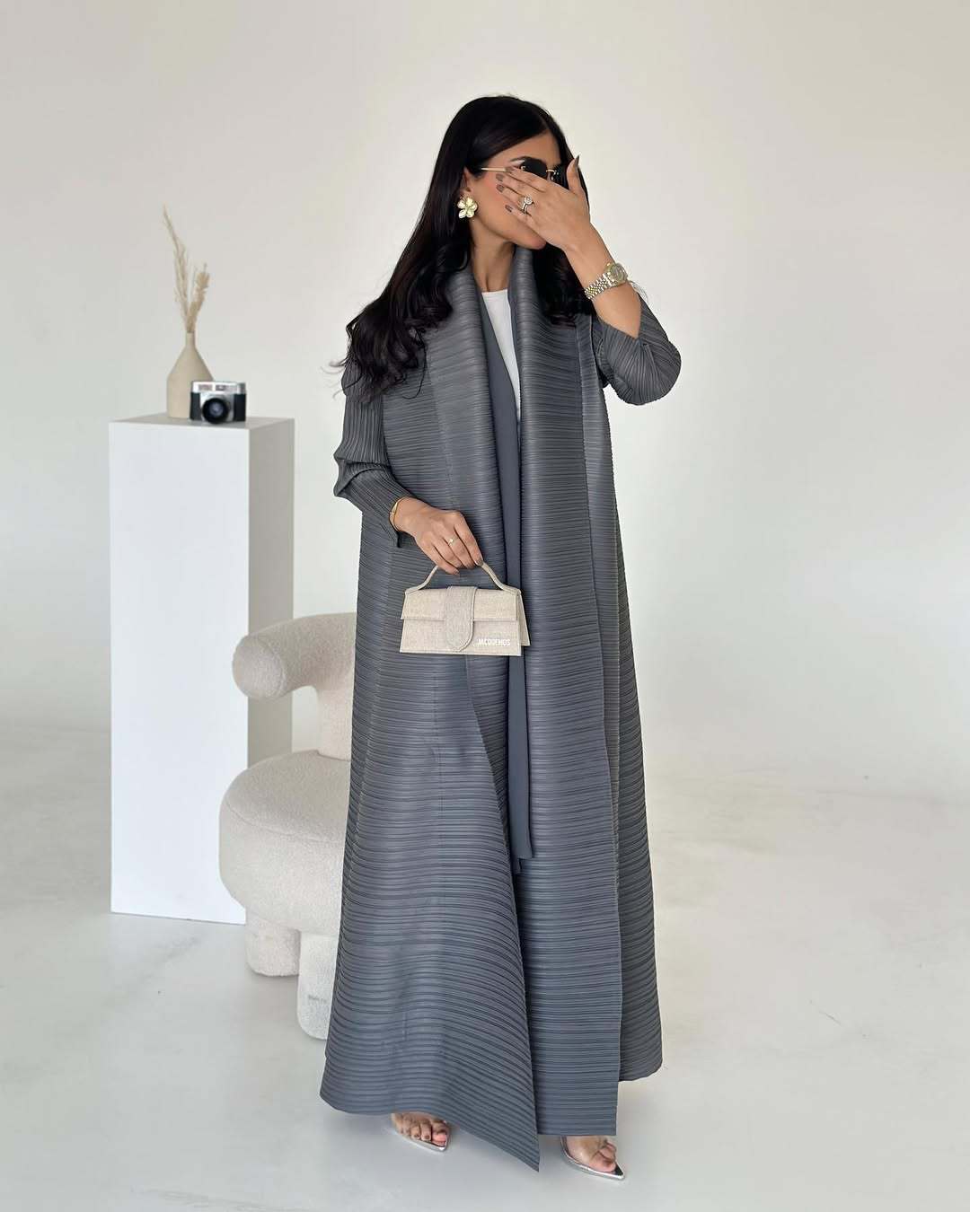 LUMAYA6729 Chocolate Crinkle | Brown Textured Open Abaya