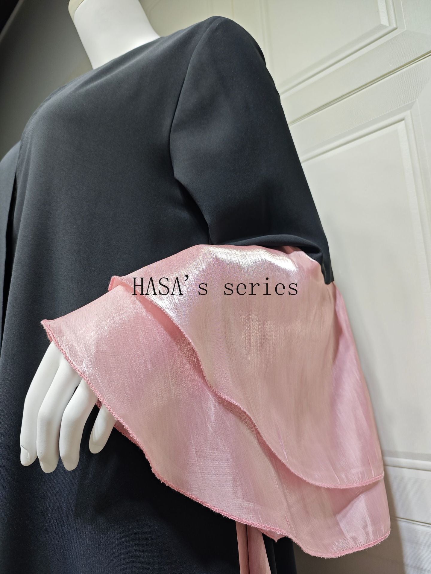 LUMAYA5106 A Soft and Elegant Long Satin Dress with Classic Design and Ruffled Sleeves.