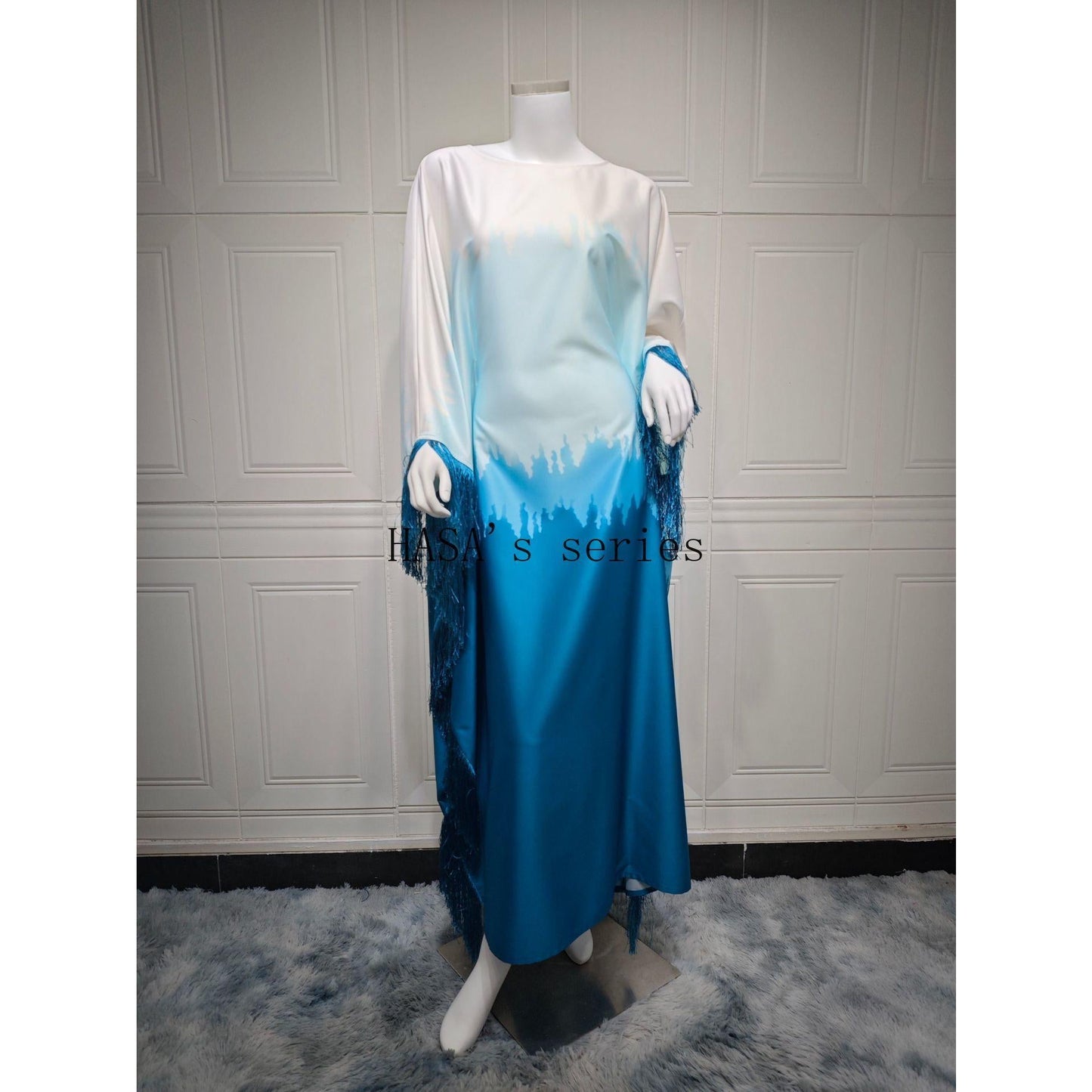 LUMAYA5095 Romantic Gradient Fringed Robe, Elegant Printed Long Dress