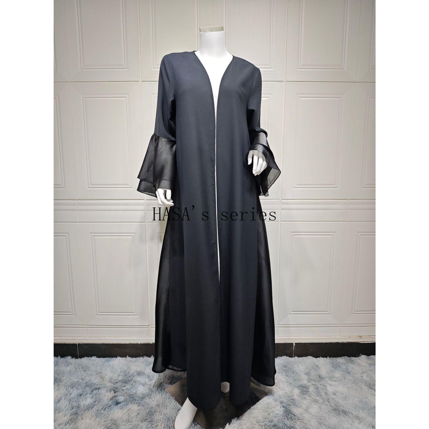 LUMAYA5106 A Soft and Elegant Long Satin Dress with Classic Design and Ruffled Sleeves.