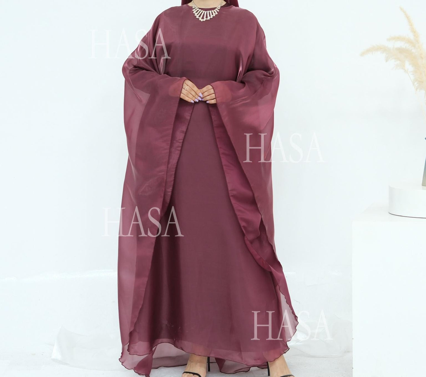 LUMAYA6524 Elegant two-piece solid-color robe and dress with optional headscarf