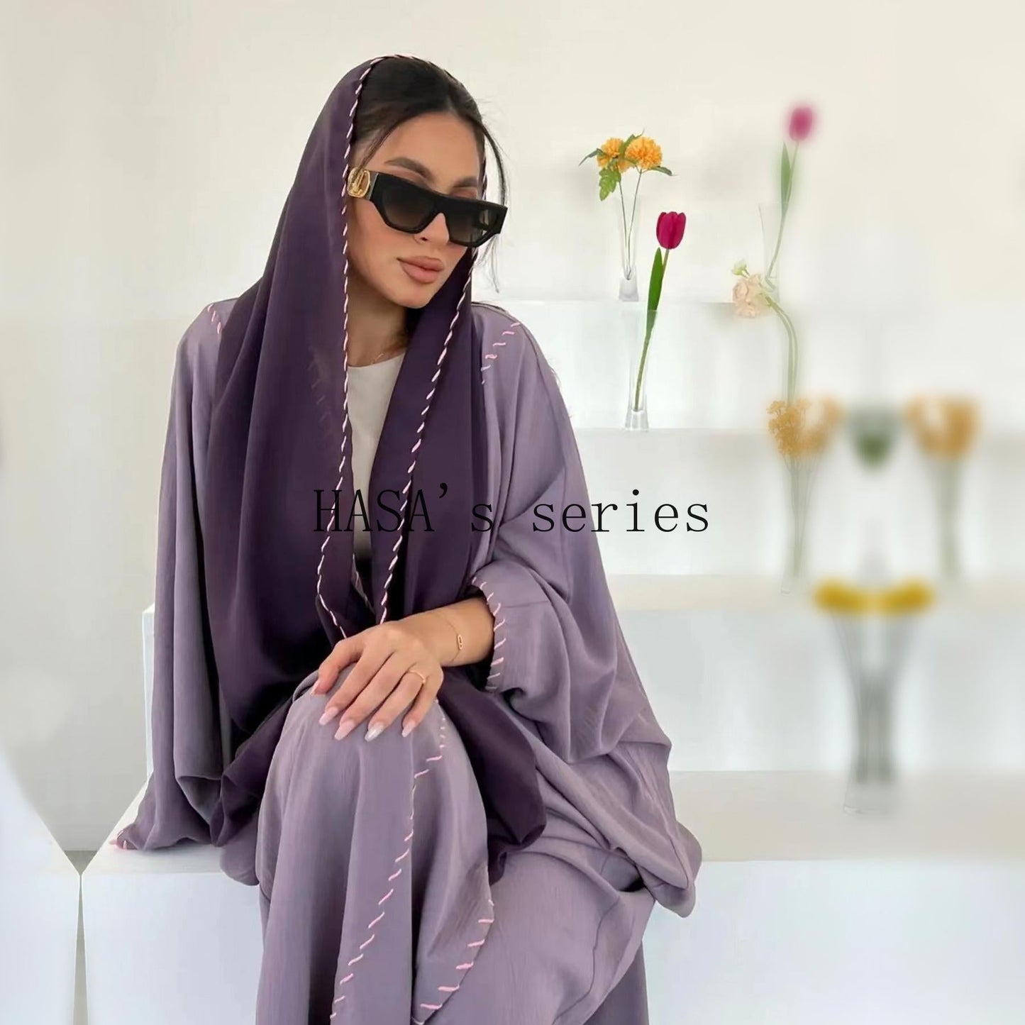 LUMAYA4843 Simple Cardigan and Headscarf Two-piece Set.