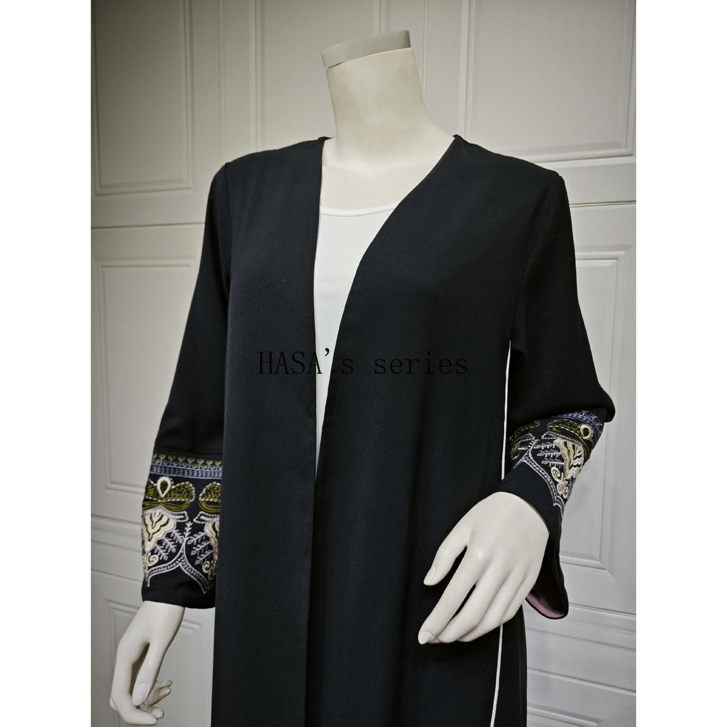 LUMAYA5090 Classic black embroidered patchwork robe, designed as a loose, open-front dress.
