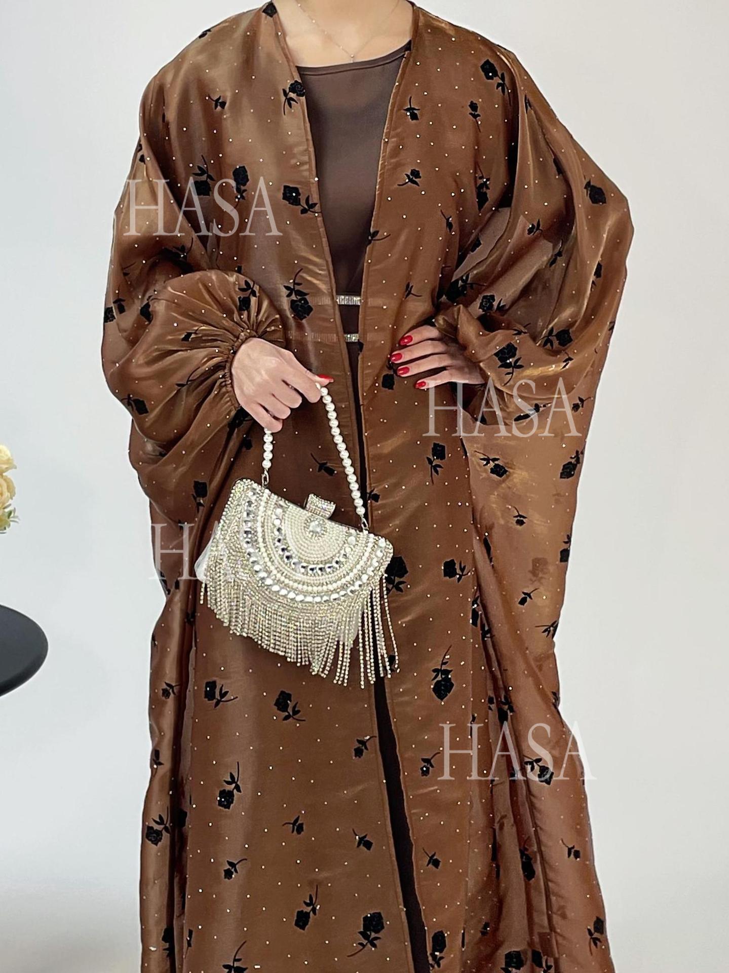 LUMAYA6536 Elegant Rose Pattern Abaya Outer Dress Set