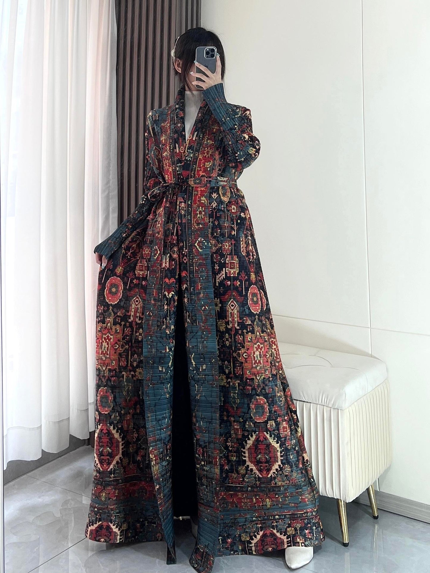 LUMAYA5837 Intricately patterned, long open-front coat (with belt)