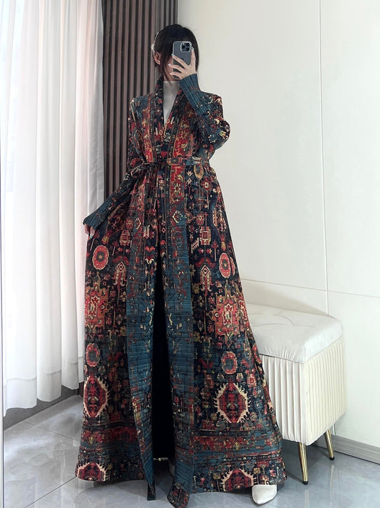 LUMAYA5837 Intricately patterned, long open-front coat (with belt)
