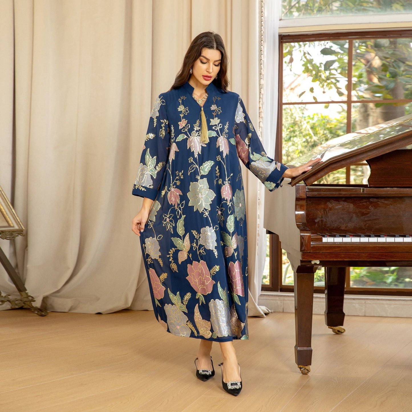 LM6649 Sequined Embroidered Tassel Long Robe, Elegant and Sophisticated Dress