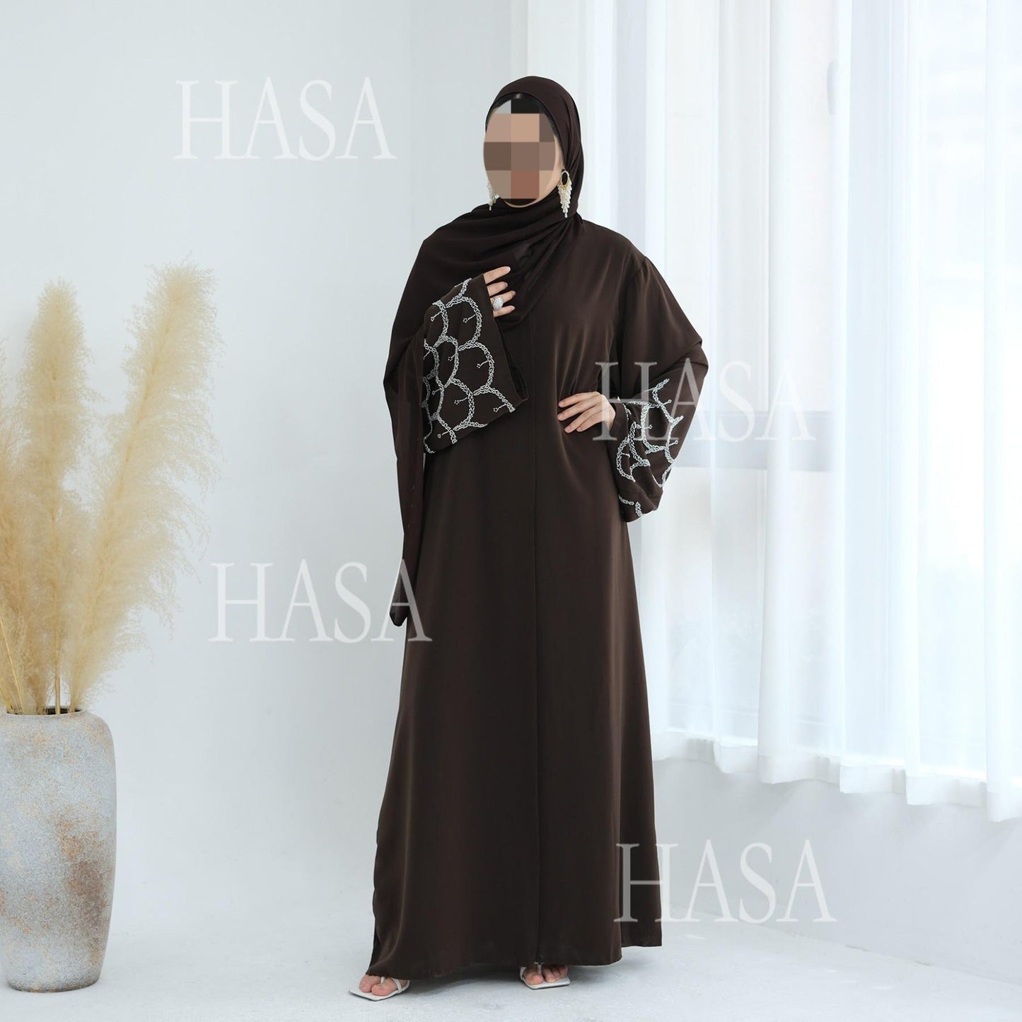LM6608 Solid Color LMnd-beaded Long Cardigan (headscarf Not Included)