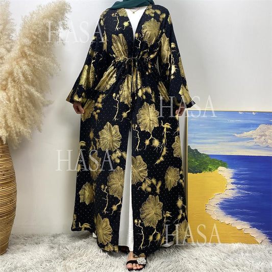 LM6589 Gold-stamped long cardigan with a flowing design