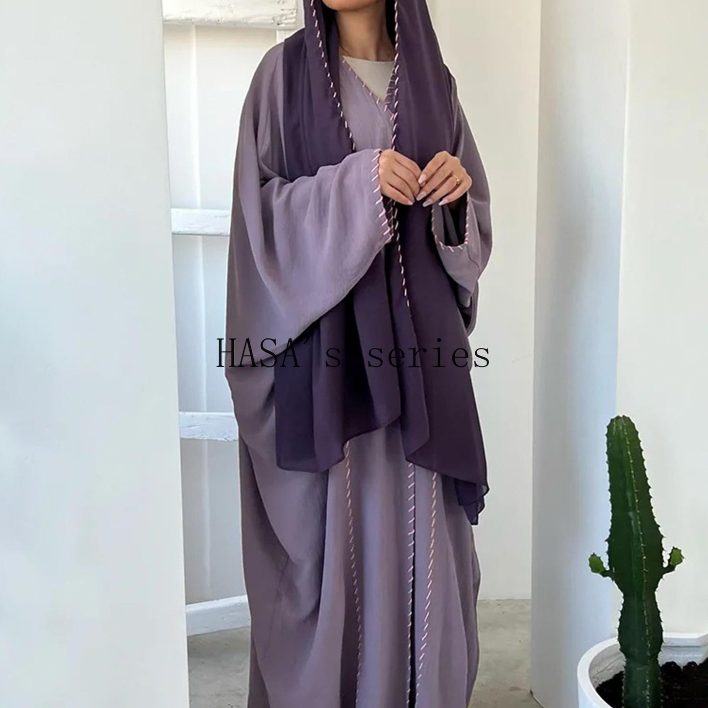 LUMAYA4843 Simple Cardigan and Headscarf Two-piece Set.
