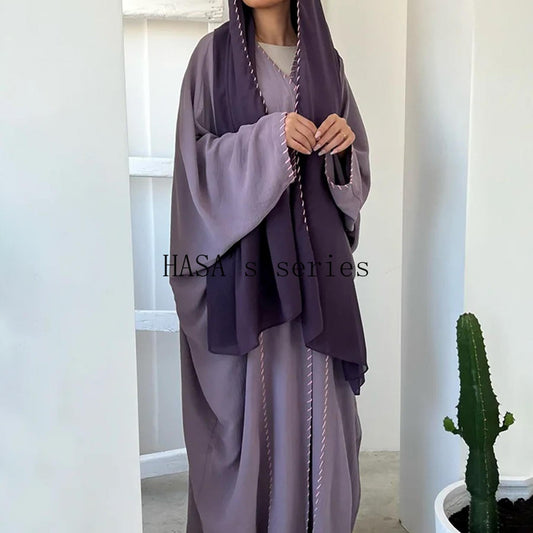 LUMAYA4843 Simple Cardigan and Headscarf Two-piece Set.