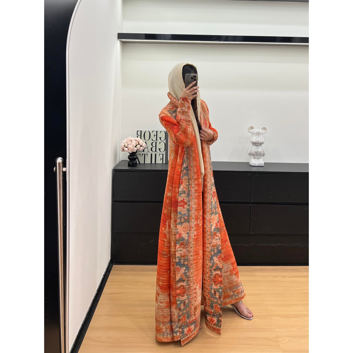 LUMAYASASERIES LUMAYA6714 Desert Bloom Vibrant Orange Abaya with Floral Prints