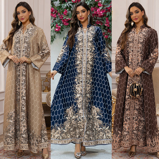 LM6654 Rhinestone-embroidered Long Robe Dress with Elegant Three-dimensional Pattern Design
