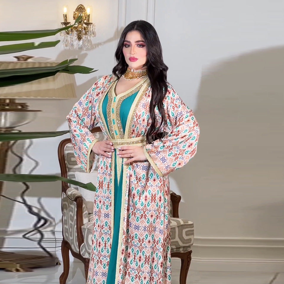 LM6644 Two-piece rhinestone-embroidered robe with understated luxury embroidery design
