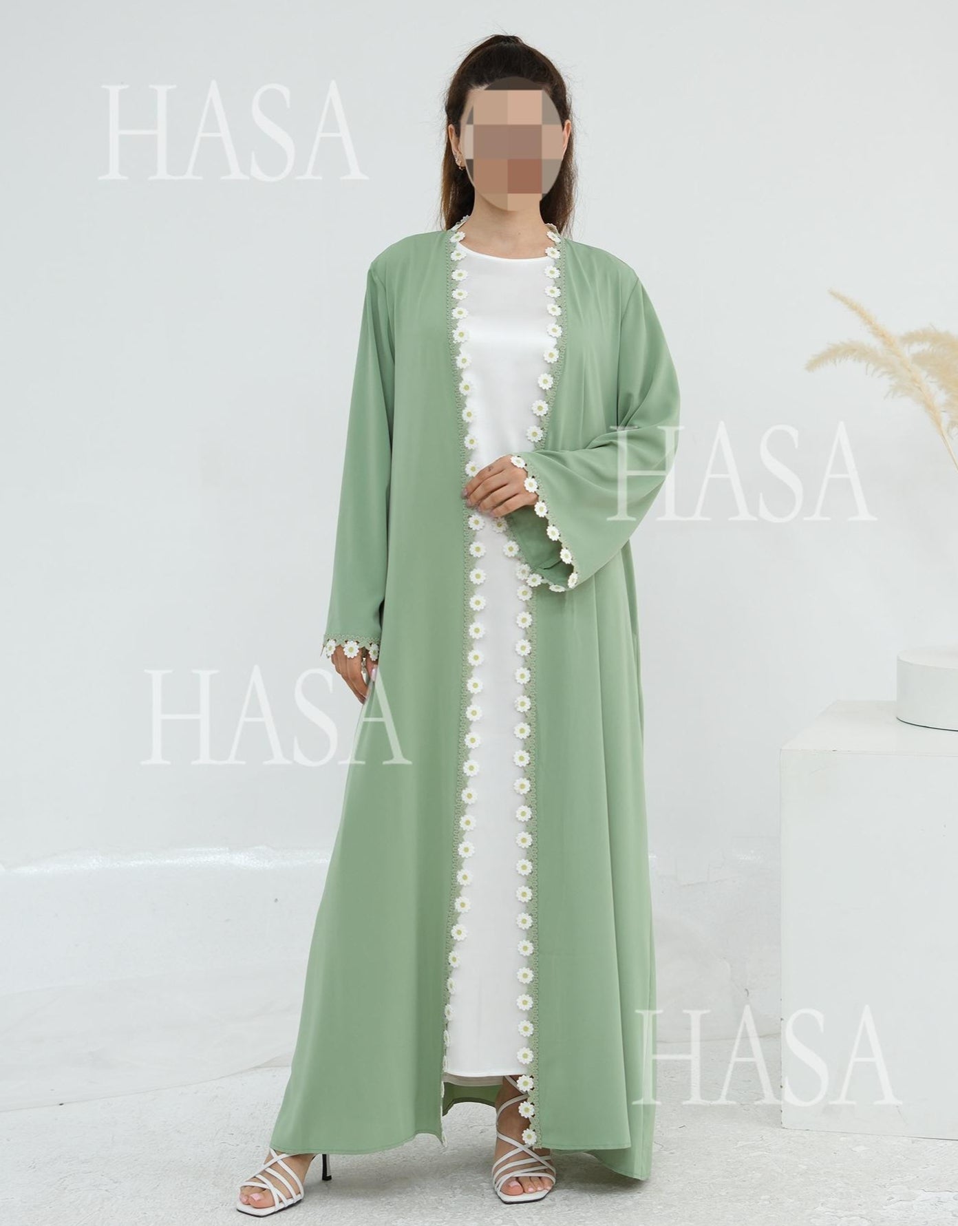 LM6616 Green Flower Stitching Cardigan Two-Piece Set (Including Headscarf)