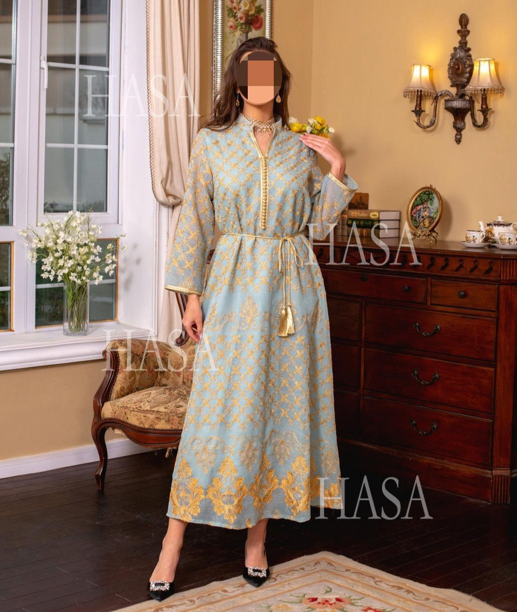 LM6640 Elegant Openwork Embroidered Abaya Long Dress