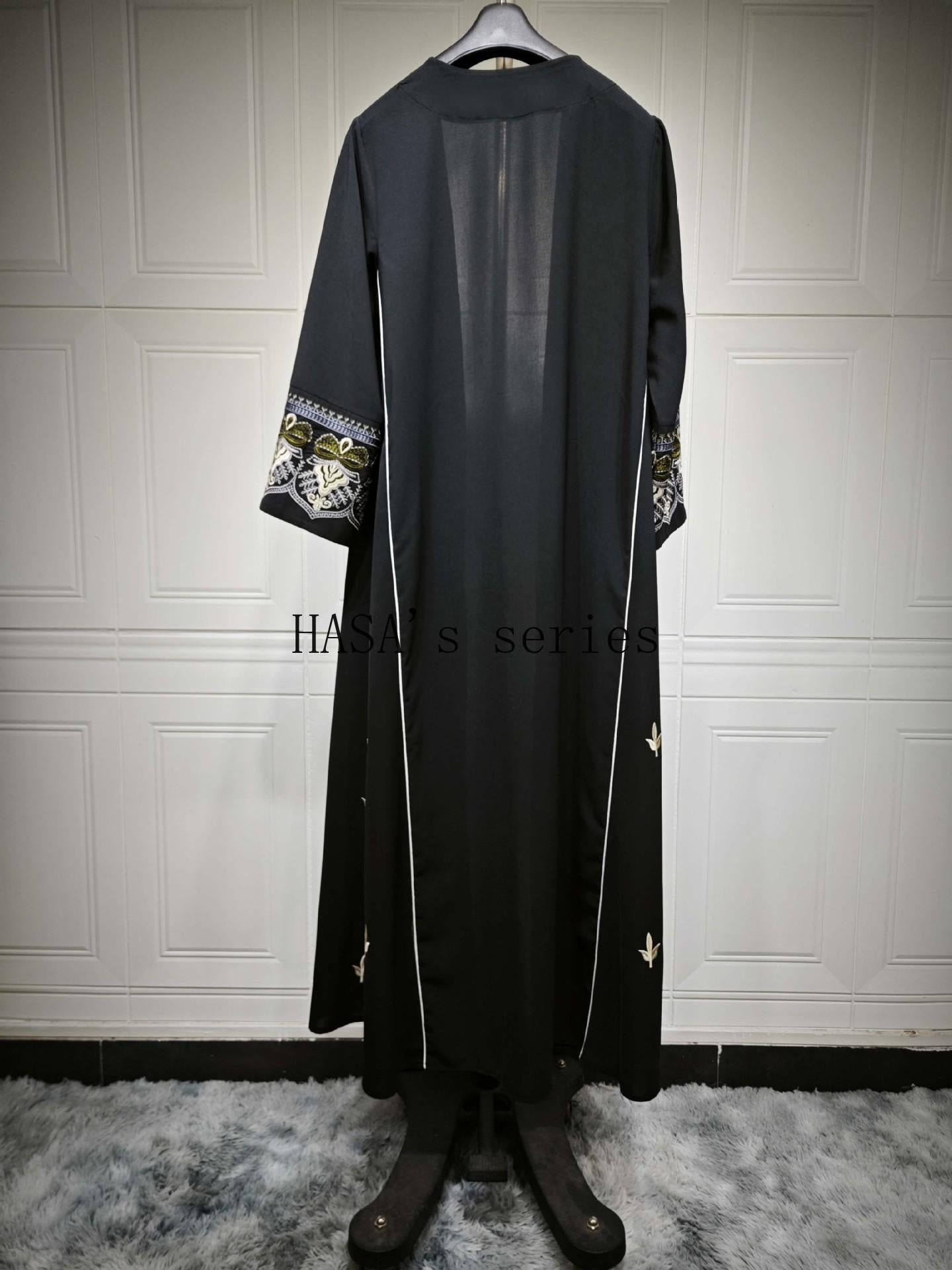 LUMAYA5090 Classic black embroidered patchwork robe, designed as a loose, open-front dress.