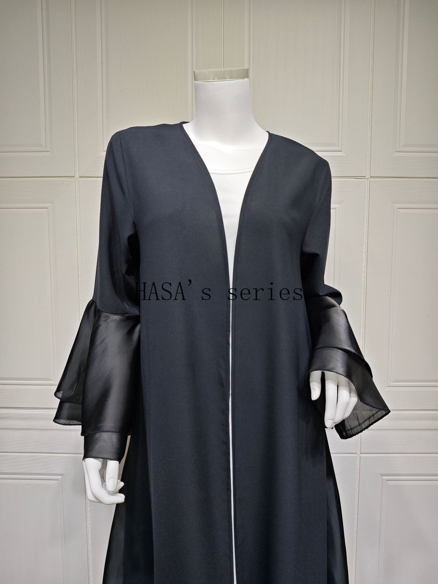 LUMAYA5106 A Soft and Elegant Long Satin Dress with Classic Design and Ruffled Sleeves.