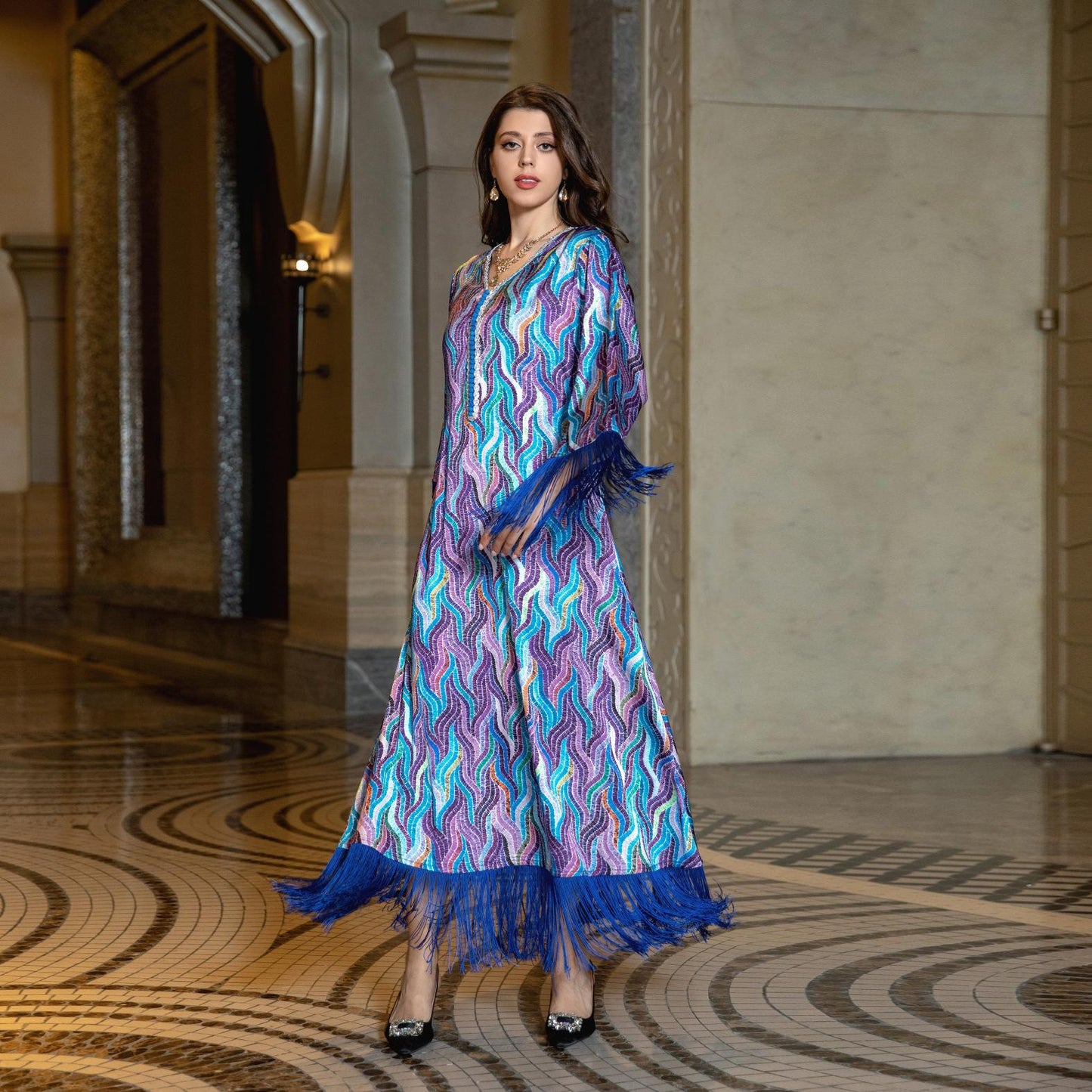 LUMAYA LUMAYA0521 Middle East Arab Dubai Muslim Robe Ladies Printed Casual Jalabiya Ethnic Clothing