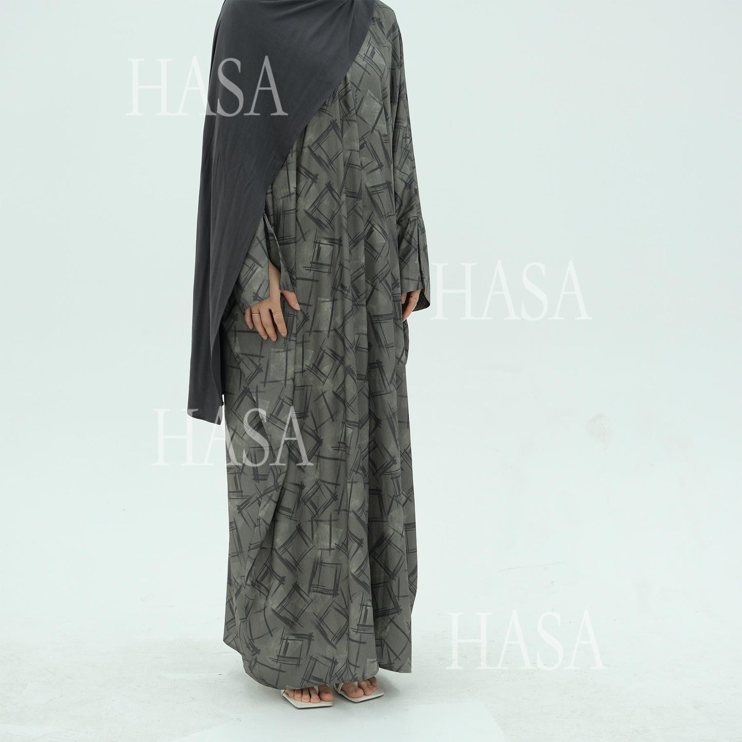 LUMAYA6504 Grey geometric print long cardigan Abaya (headscarf not included)