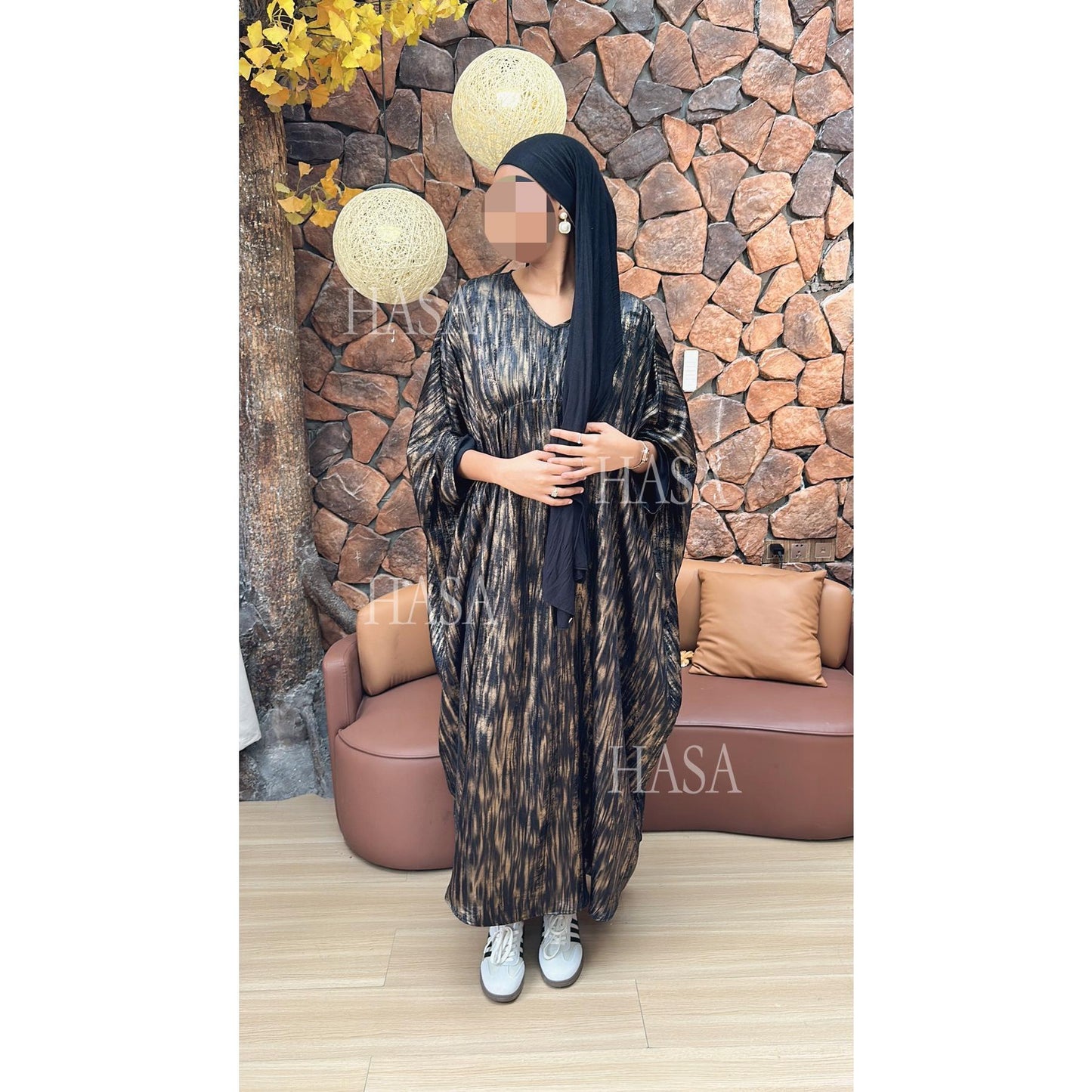 LUMAYA6566 Long-sleeved Printed Batwing Sleeve Loose Dress