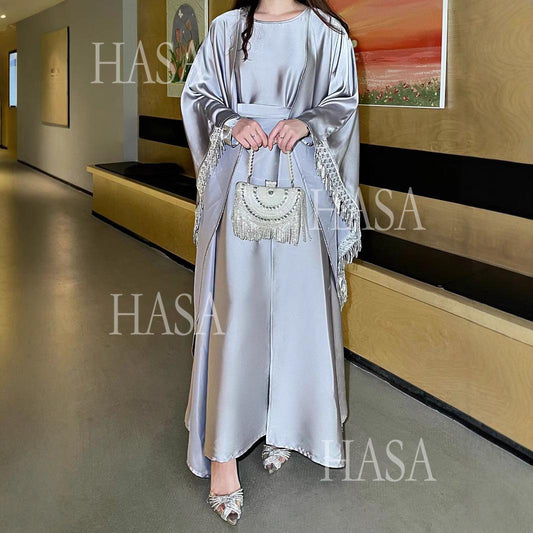 LM6572 Abaya Tassel-Embellished Long Dress Set