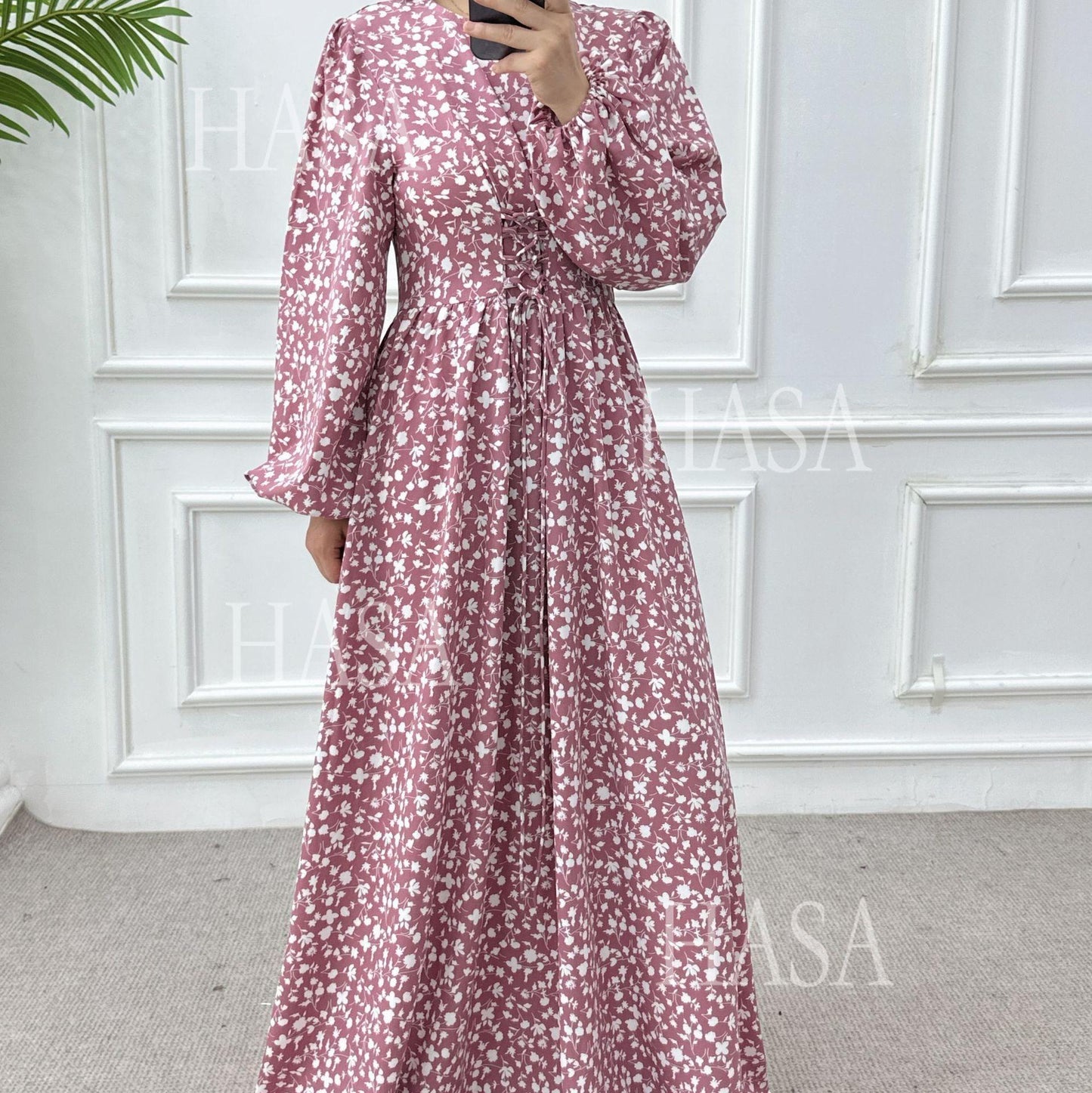 LUMAYA6489 Long-sleeved Floral Maxi Dress with Natural Waist