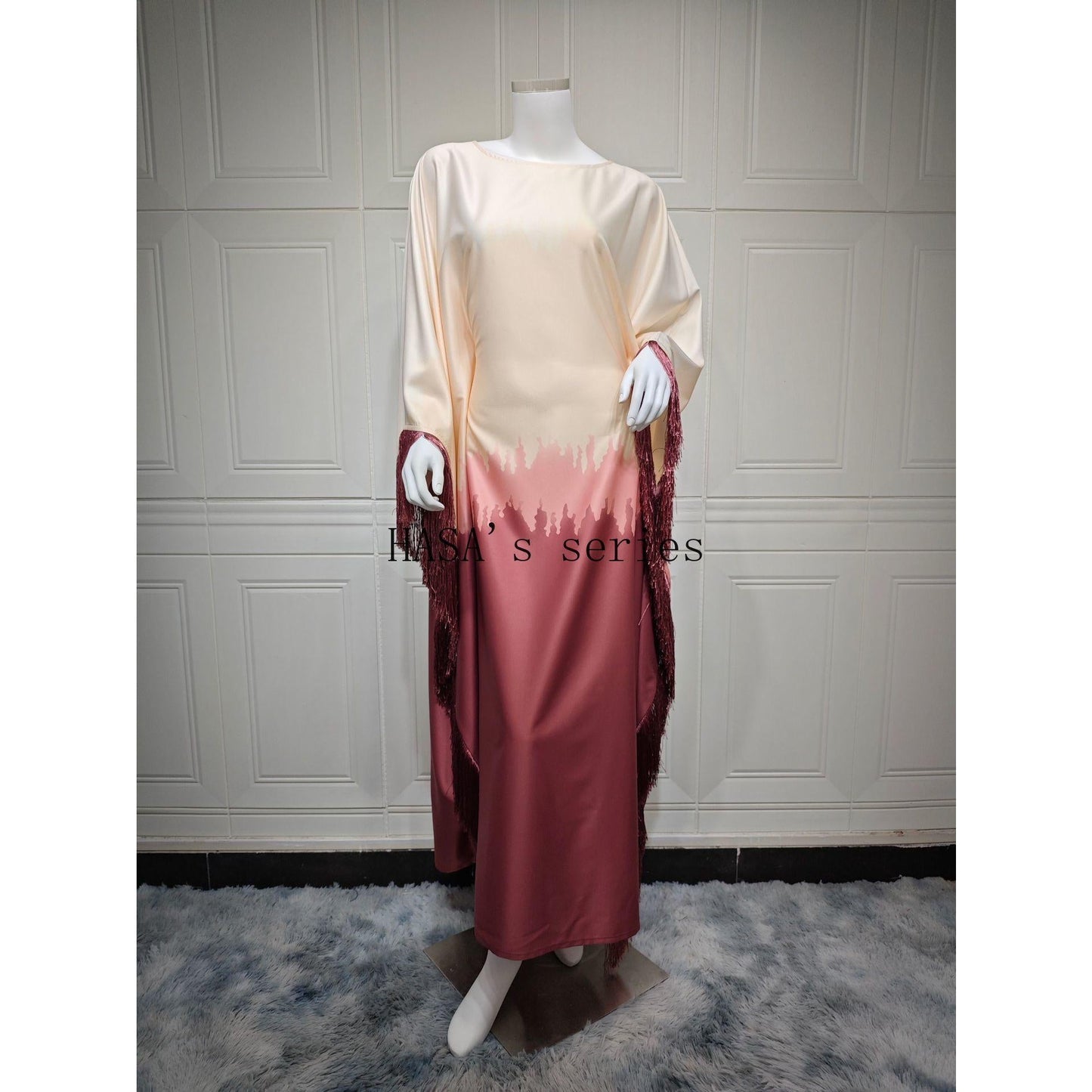 LUMAYA5095 Romantic Gradient Fringed Robe, Elegant Printed Long Dress