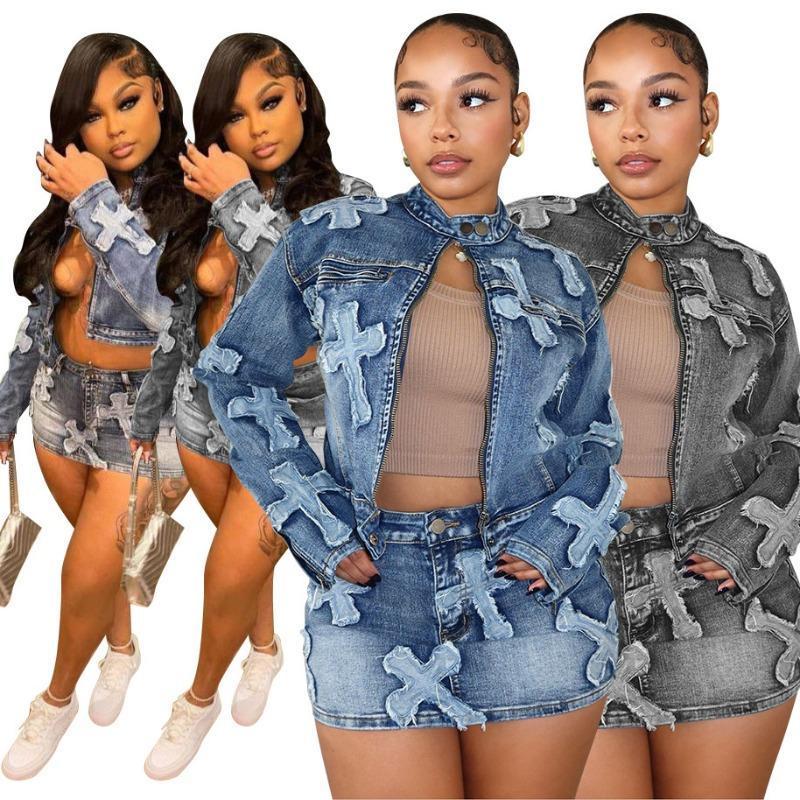 LUMAYA6391 Primavera Nuovo Set Gonna in Denim Set Giacca Gonna Ricamata in Denim