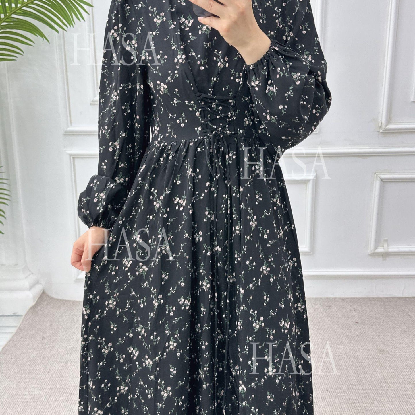 LUMAYA6489 Long-sleeved Floral Maxi Dress with Natural Waist