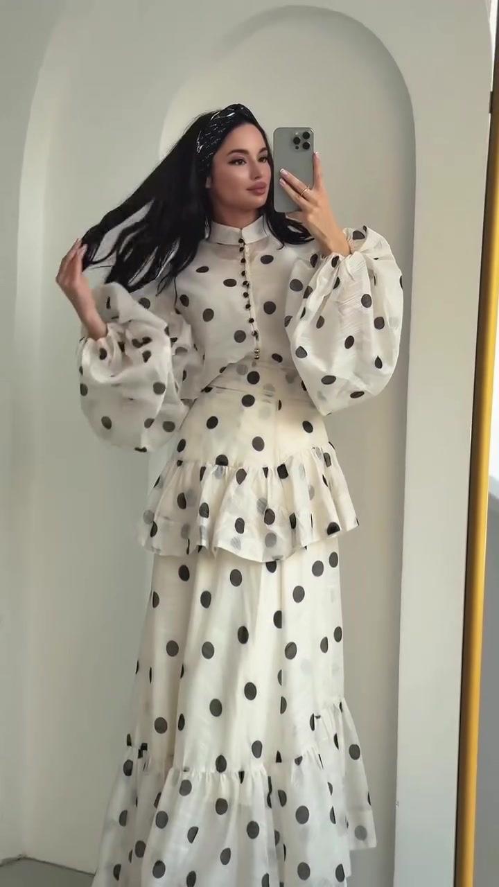 LUMAYA6732 Vintage Polka Dot Co-ord Set Puff Sleeve Blouse & Long Ruffle Skirt Outfit