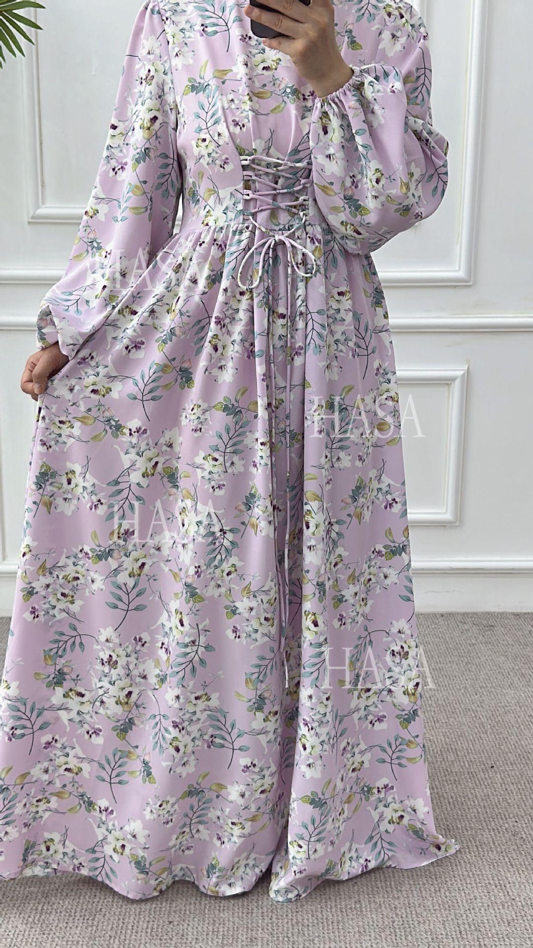 LUMAYA6489 Long-sleeved Floral Maxi Dress with Natural Waist