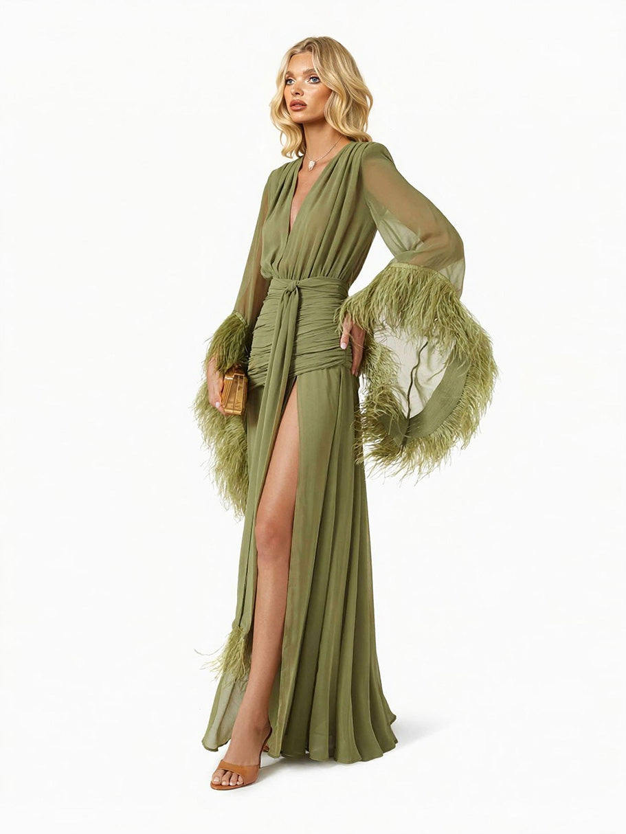 Elegant V-Neck Feather Cuff Flowing Chiffon Maxi Dress