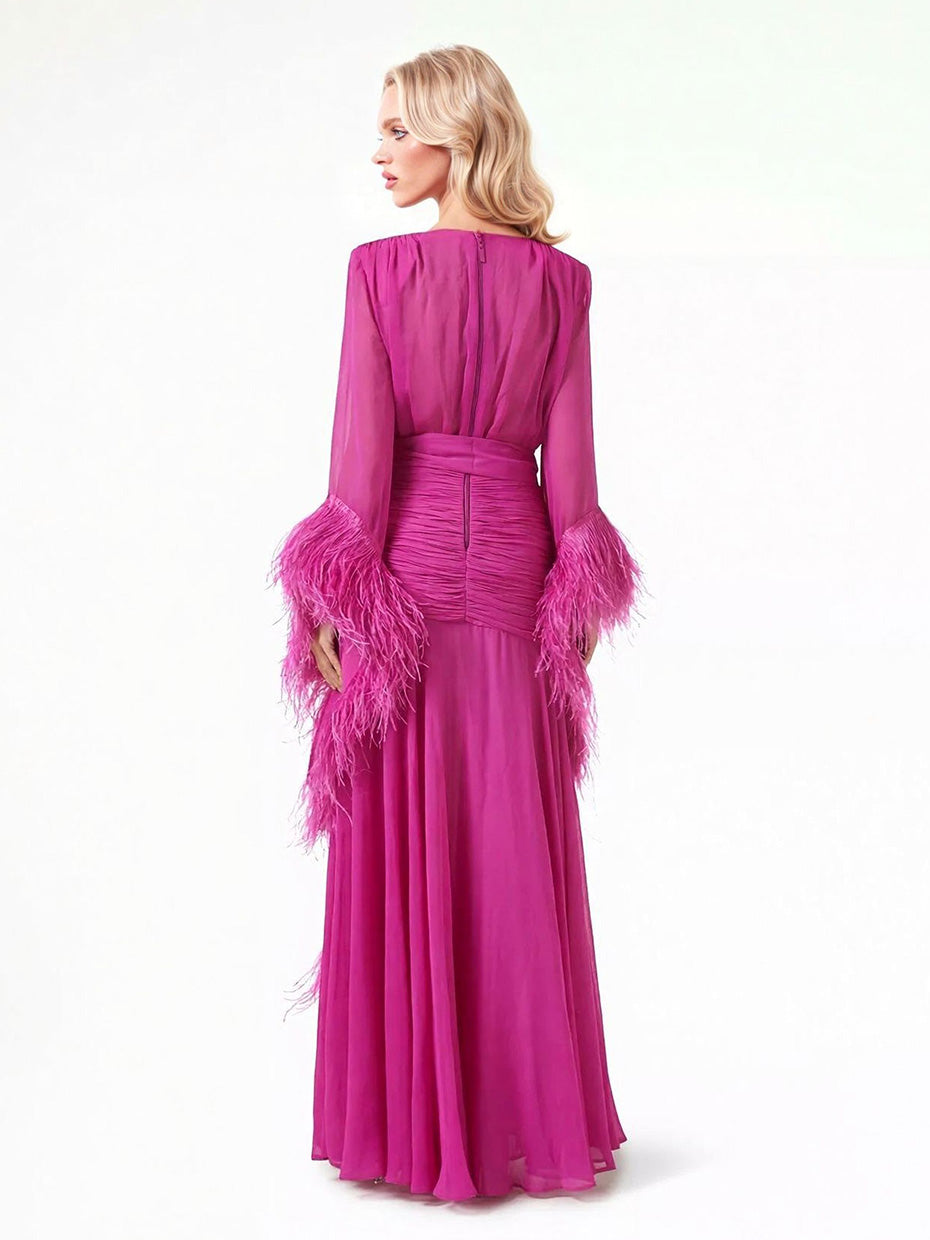 Elegant V-Neck Feather Cuff Flowing Chiffon Maxi Dress