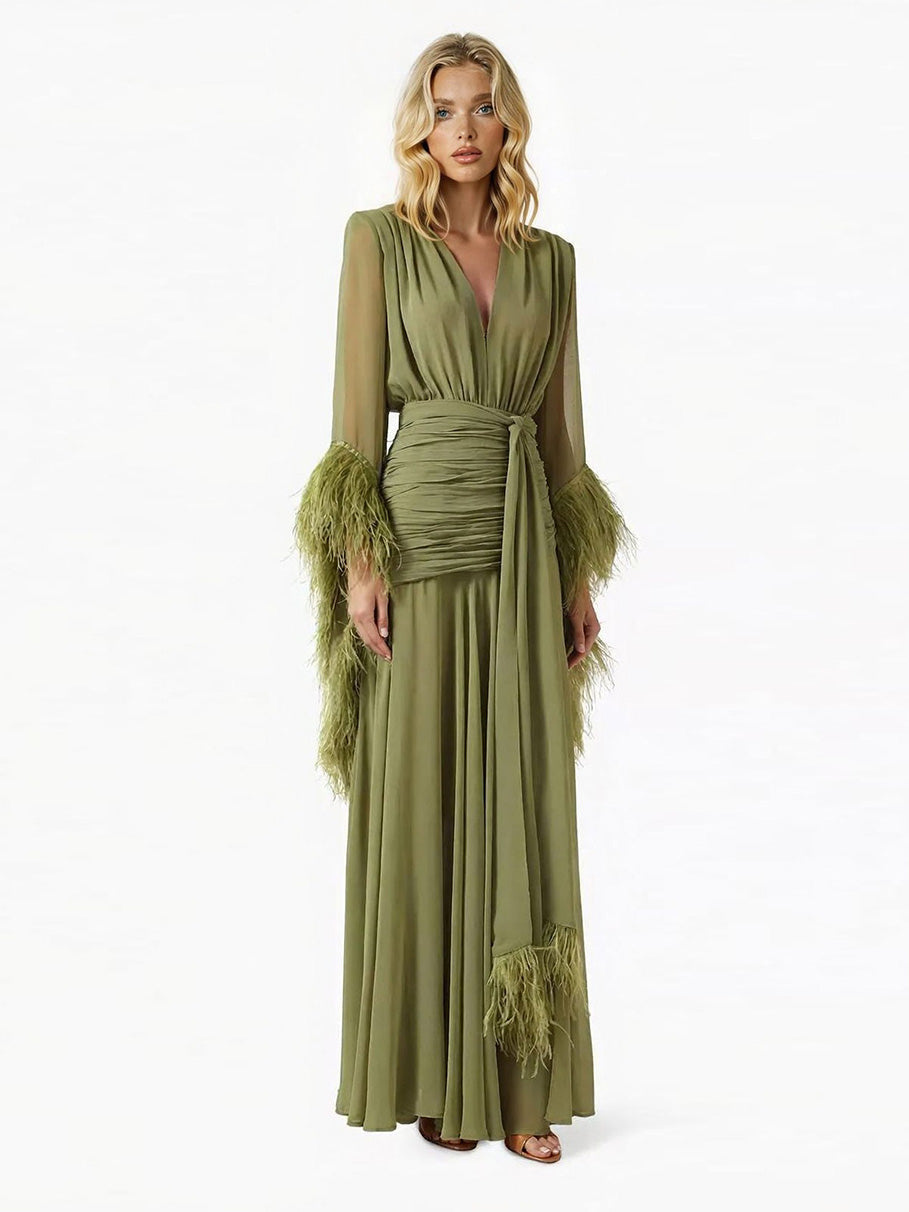 Elegant V-Neck Feather Cuff Flowing Chiffon Maxi Dress