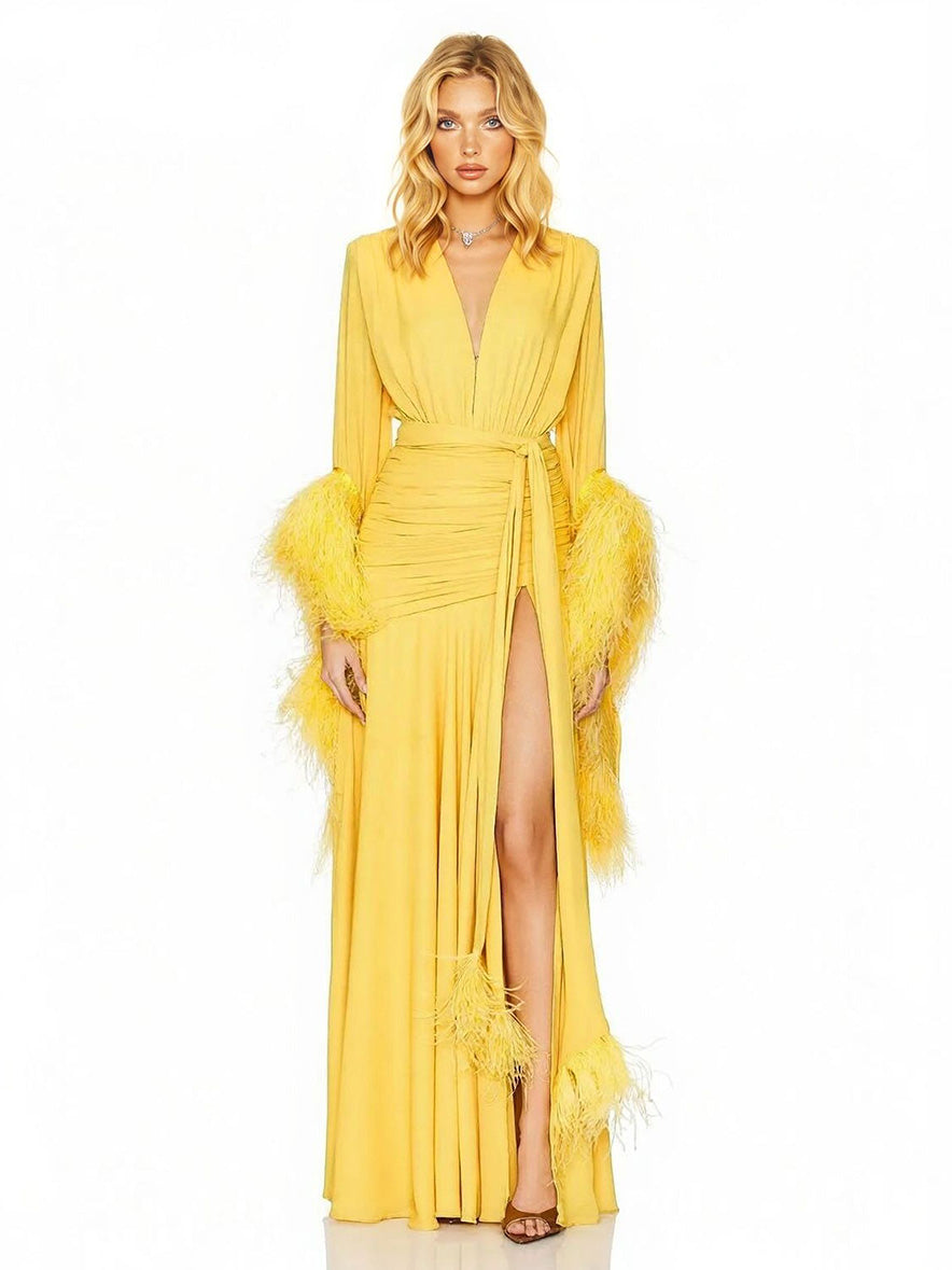 Elegant V-Neck Feather Cuff Flowing Chiffon Maxi Dress