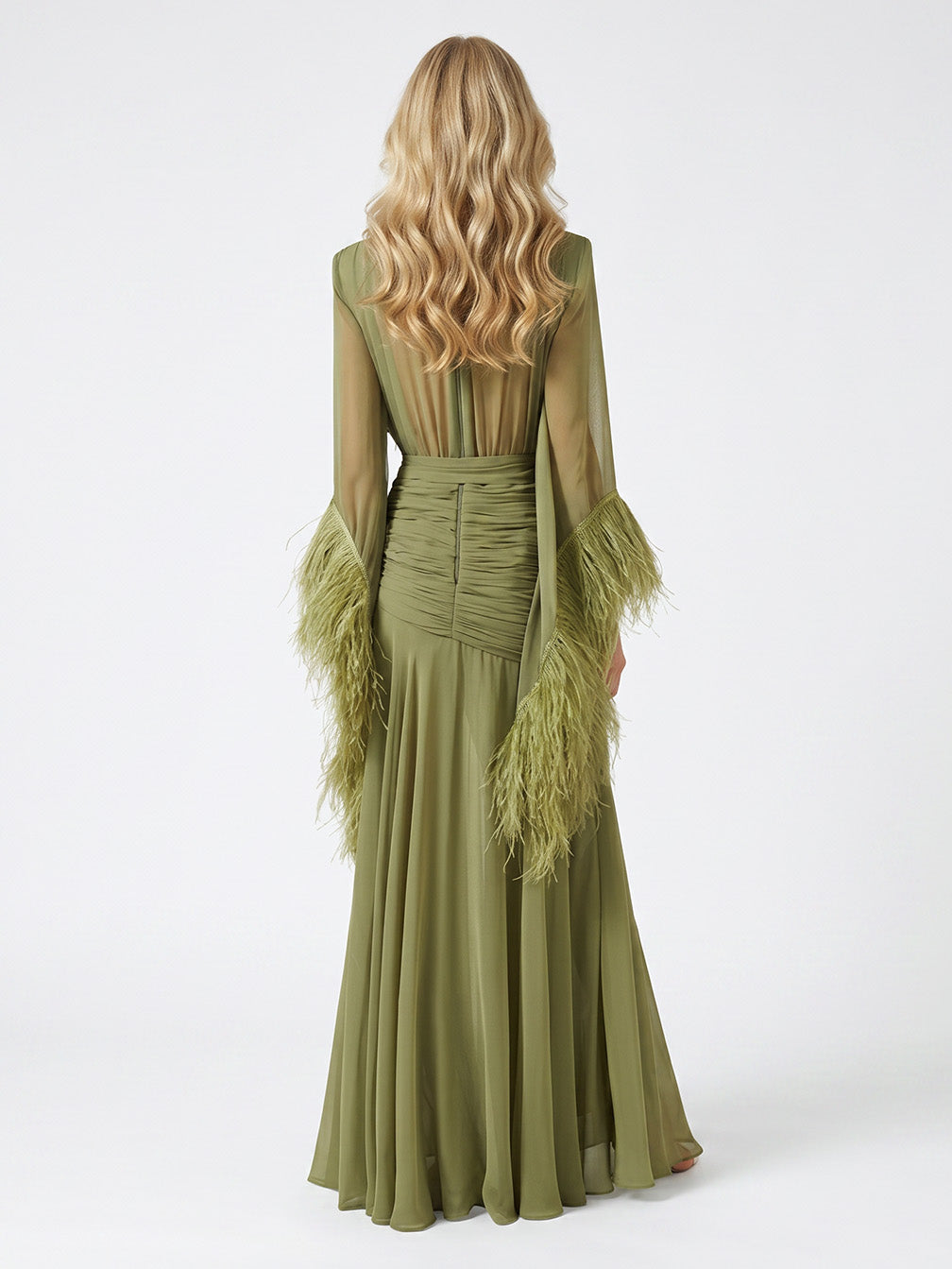 Elegant V-Neck Feather Cuff Flowing Chiffon Maxi Dress