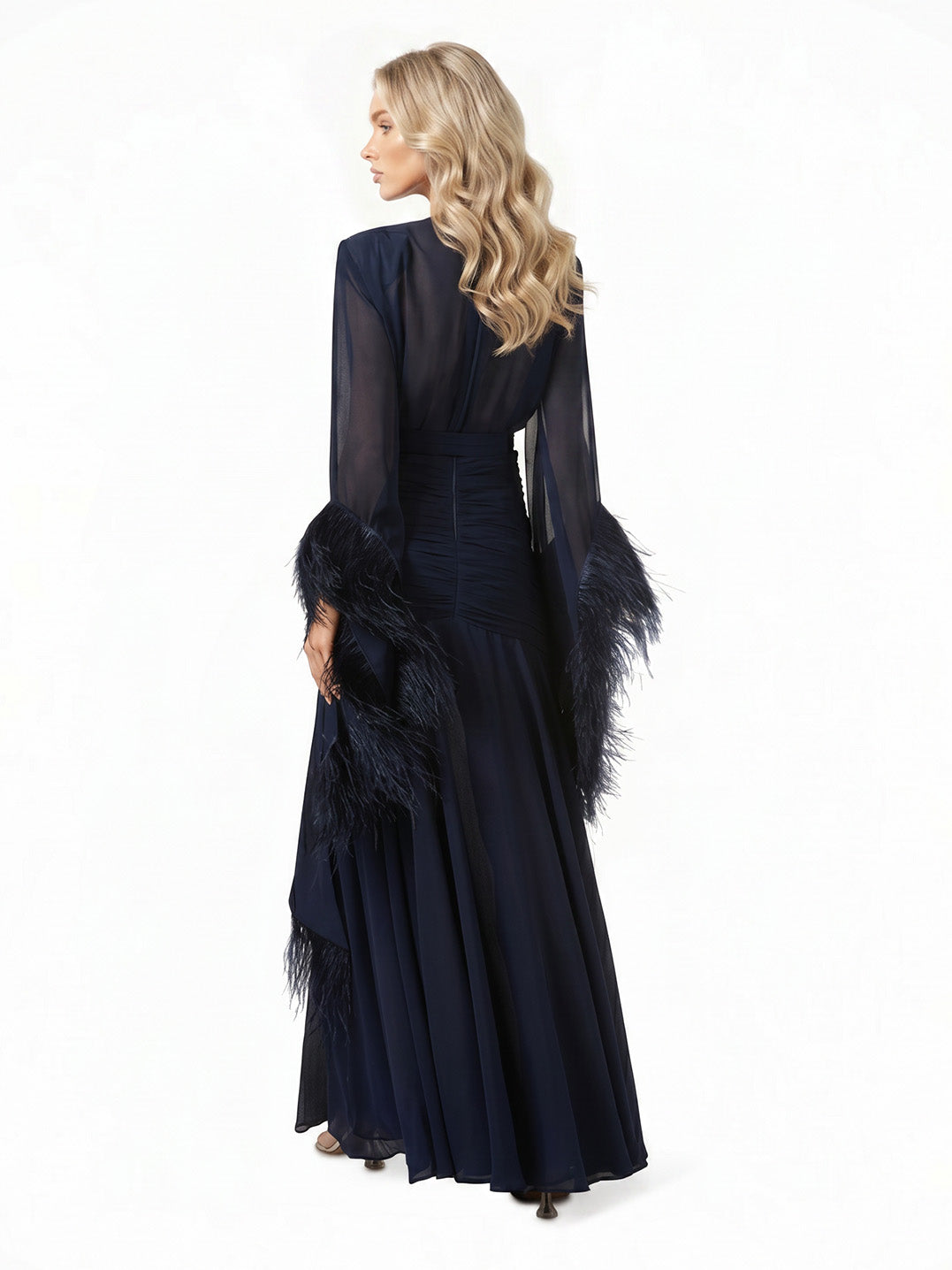 Elegant V-Neck Feather Cuff Flowing Chiffon Maxi Dress