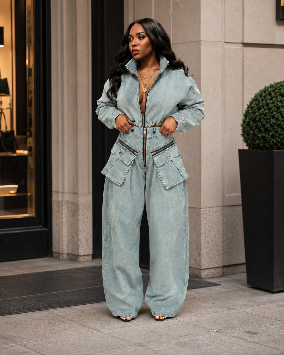 HS6306 Washed Denim Two Piece Set with Wide Leg Cargo Pants