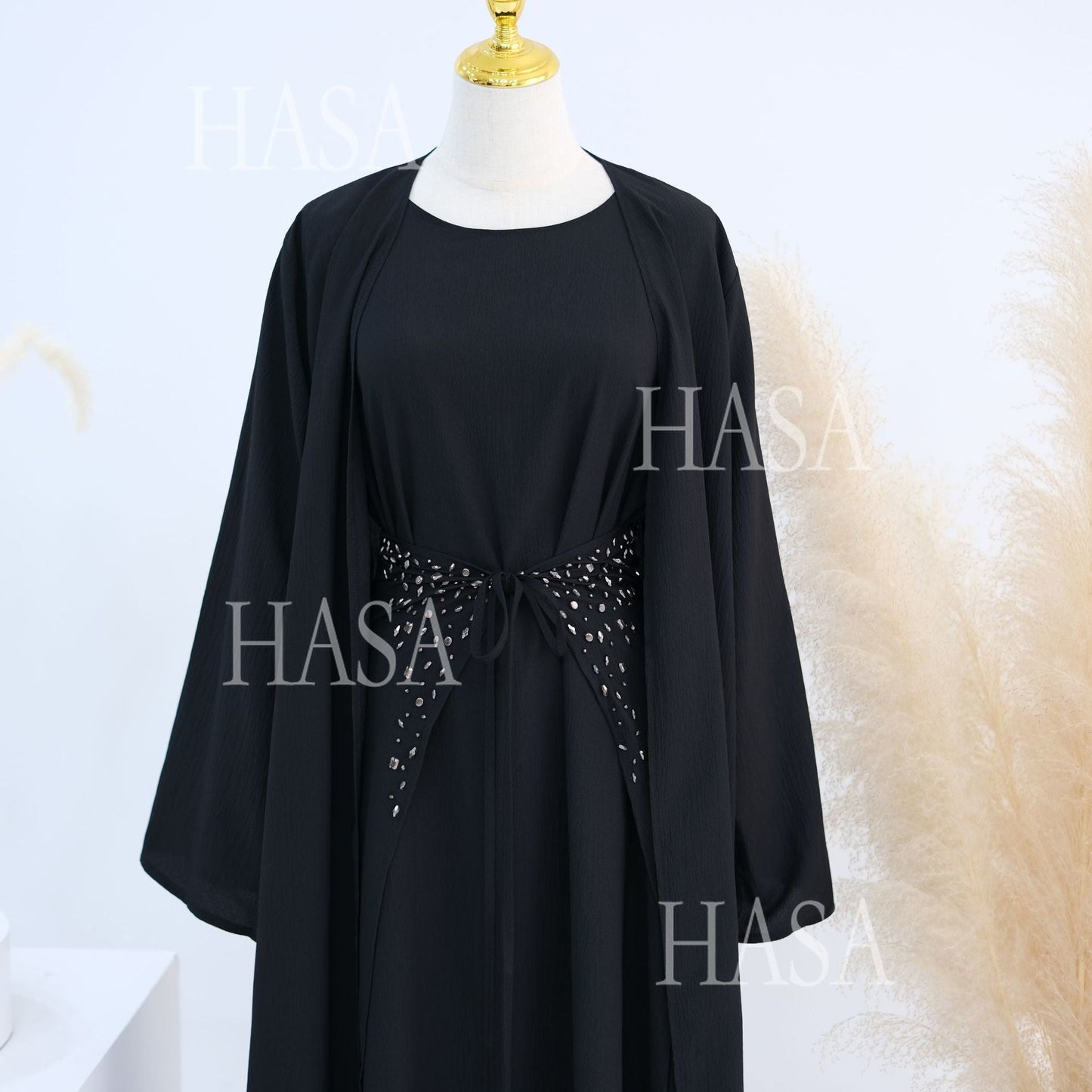 LM6578 Women's Solid Color Three-piece Robe Set (long Skirt + Skirt + Cardigan Jacket)