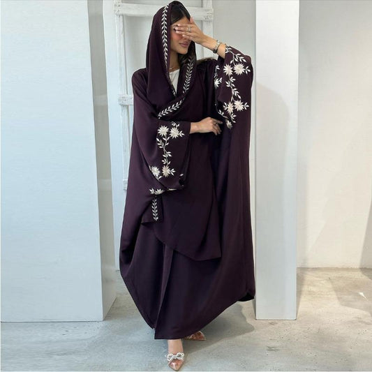 LUMAYA5099 Rhinestone-embellished Beaded Cardigan-style Robe, A High-quality Two-piece Set with A Matching Headscarf Design.