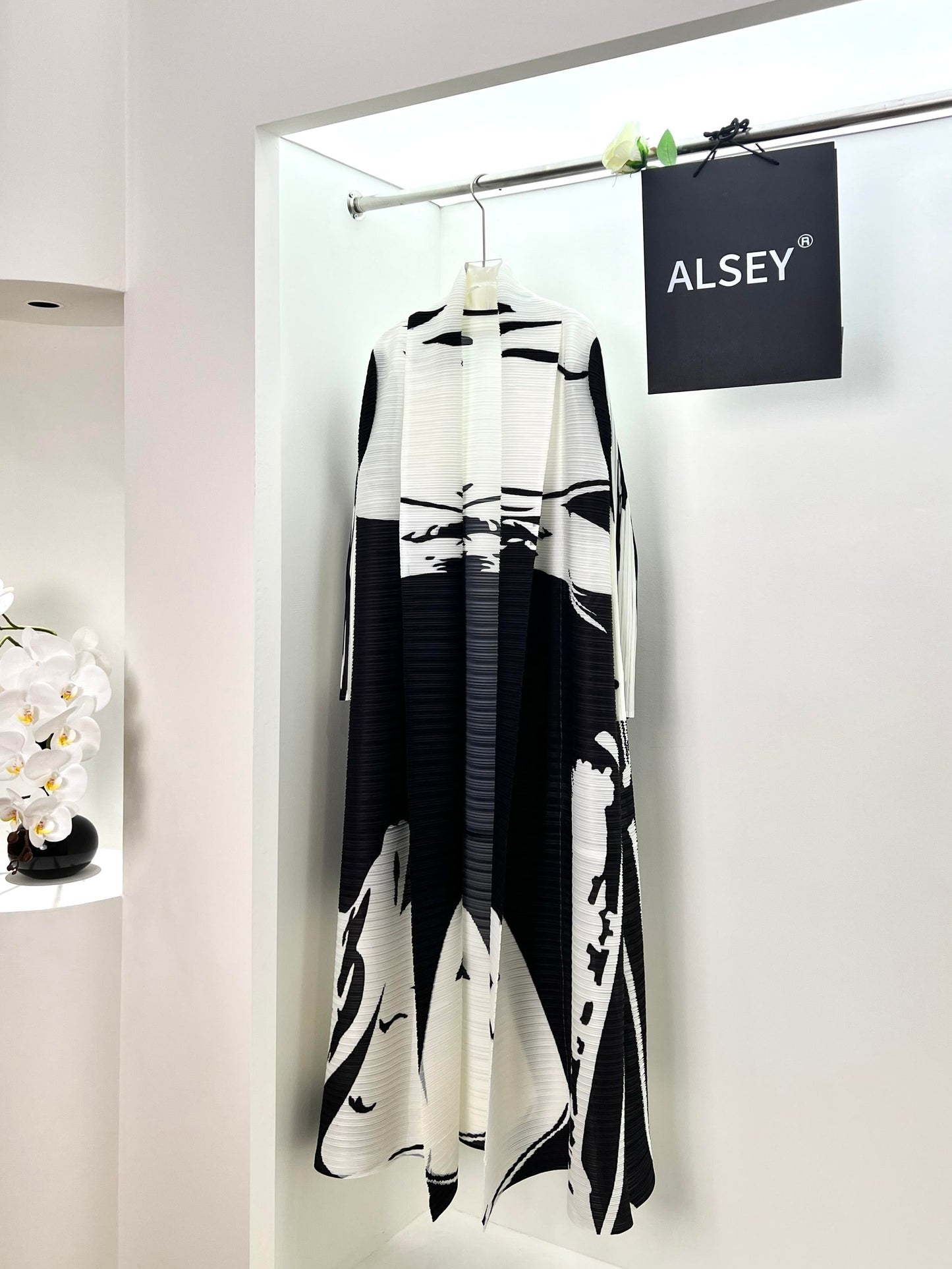 LUMAYA6726  White Abstract Belted Abaya with Artistic Prints