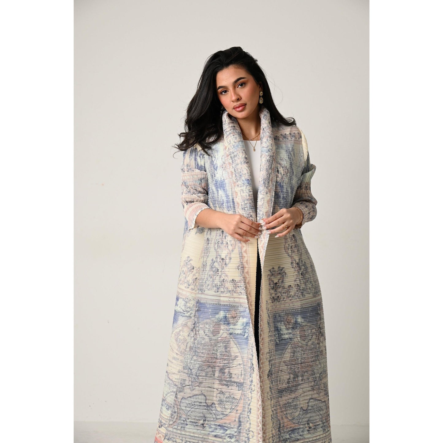 LUMAYA5840 Light-colored, All-over Print, Open-front Long Coat