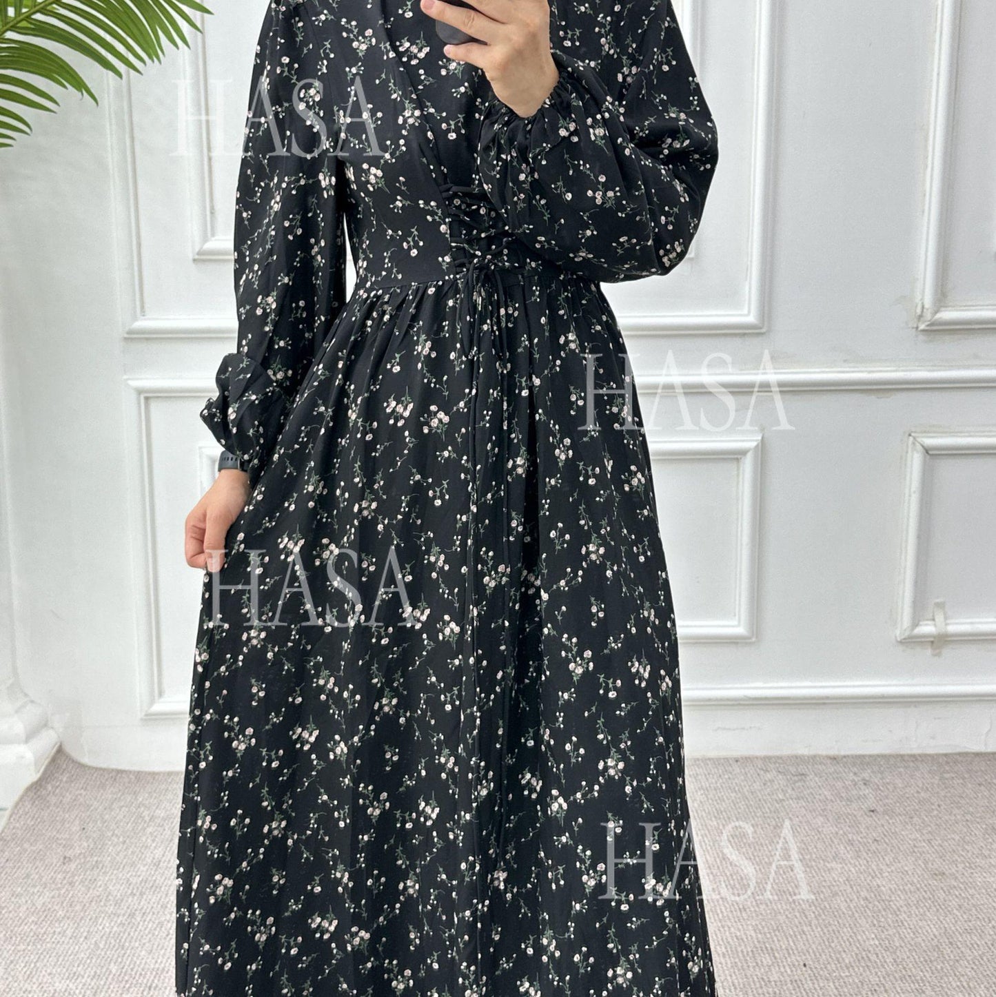 LUMAYA6489 Long-sleeved Floral Maxi Dress with Natural Waist