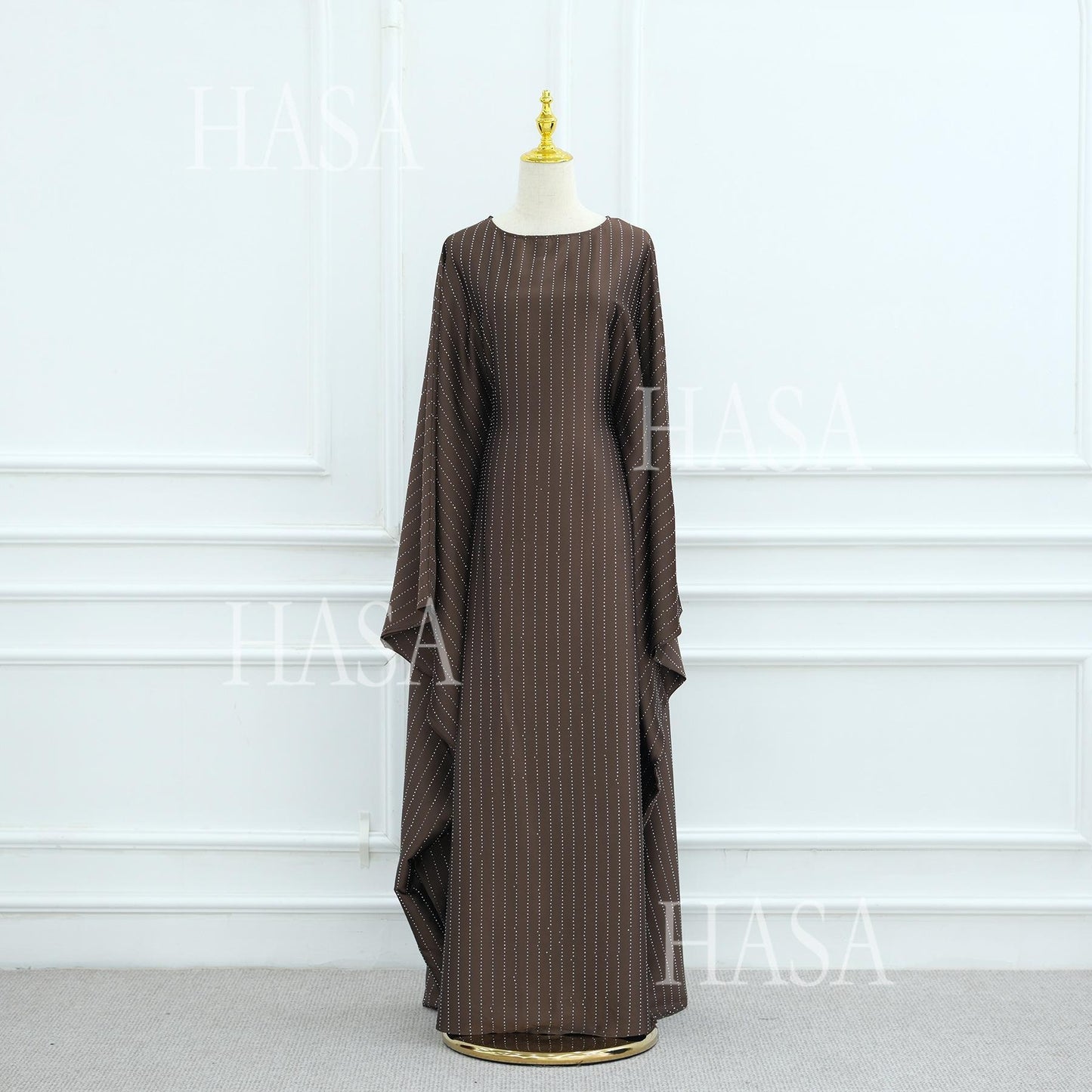 LUMAYA6483 Drape Rhinestone Gown with Simple Wide Sleeves