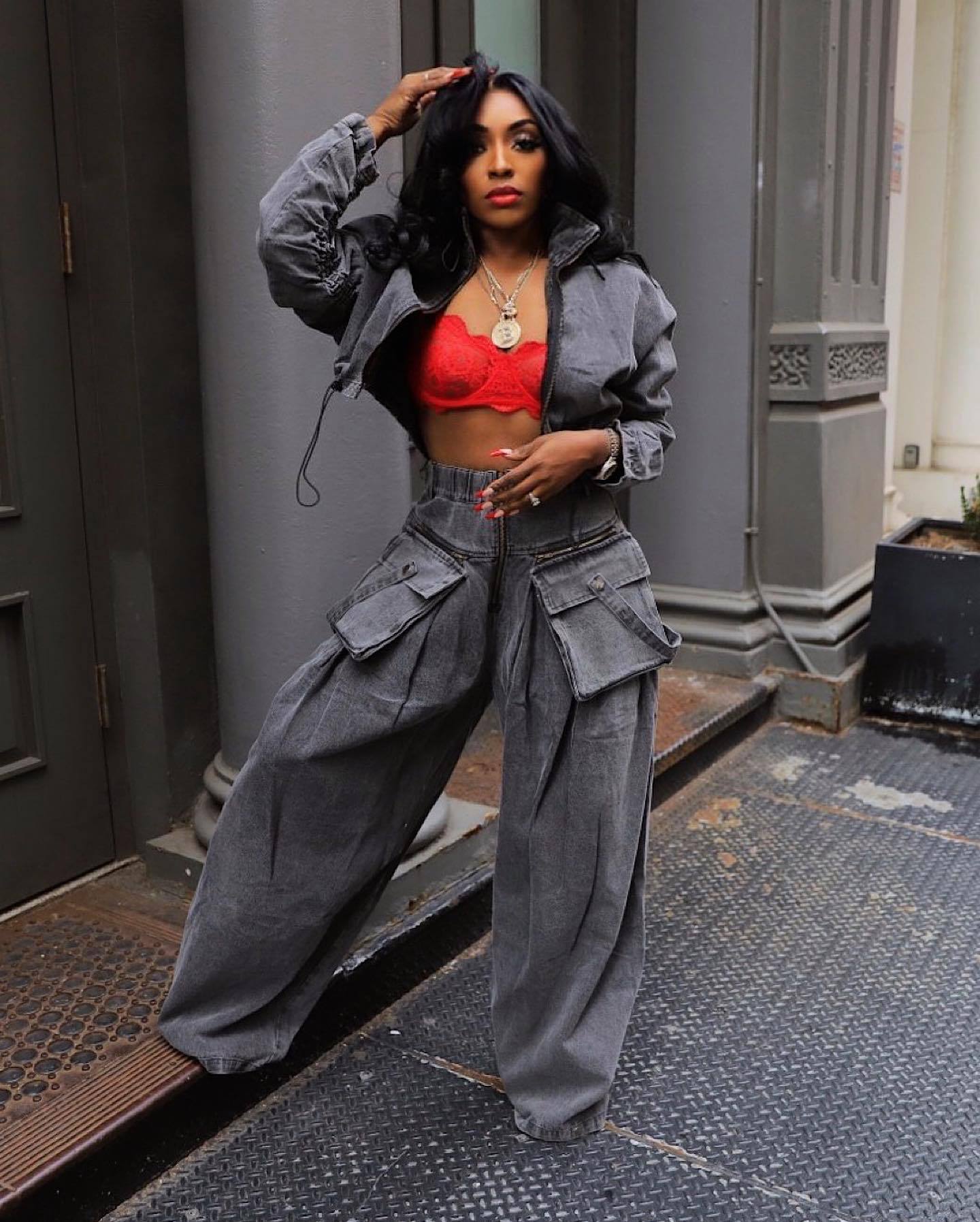 HS6306 Washed Denim Two Piece Set with Wide Leg Cargo Pants