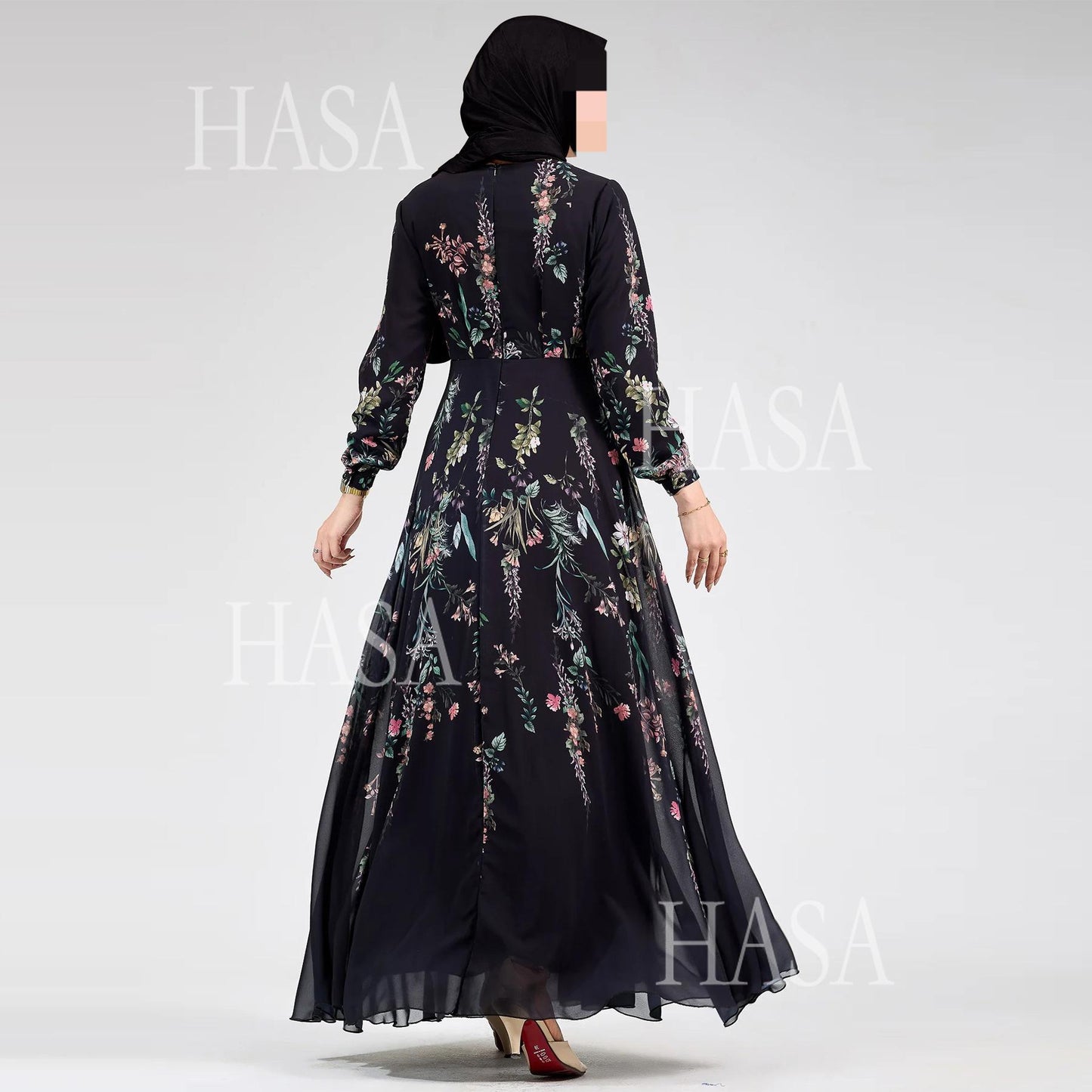 LUMAYA6531 Chiffon Printed Ankle-Length Maxi Dress with Long Sleeves